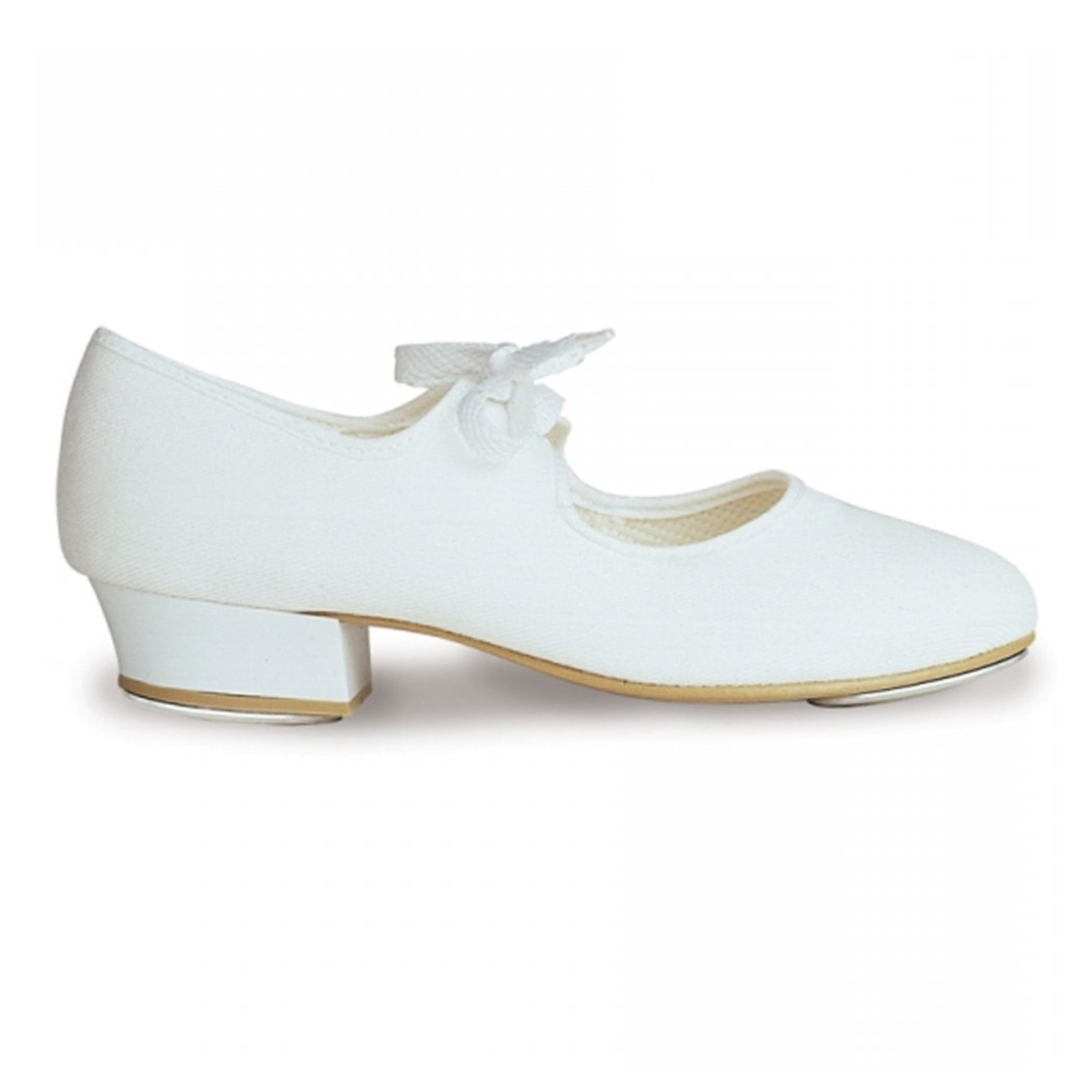 WHITE PU TAP SHOES WITH FITTED HEEL AND TOE TAPS