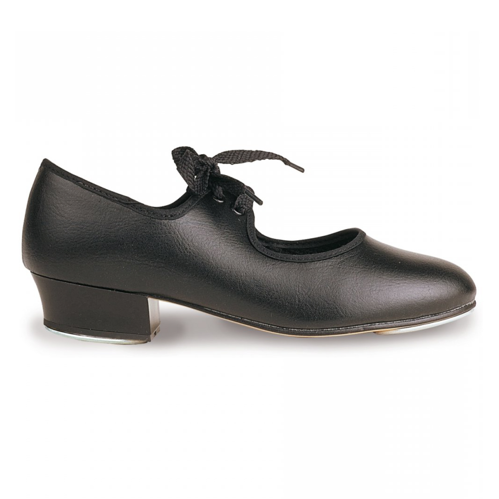 BLACK PU TAP SHOES WITH FITTED HEEL AND TOE TAPS