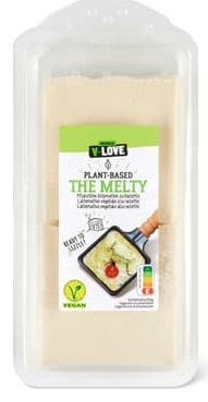 V-Love The Melty · Vegetable alternative to raclette · Plain The prodction, transport and packaging of one kilogram of this product cause roughly as much CO2 as 20 km car ride