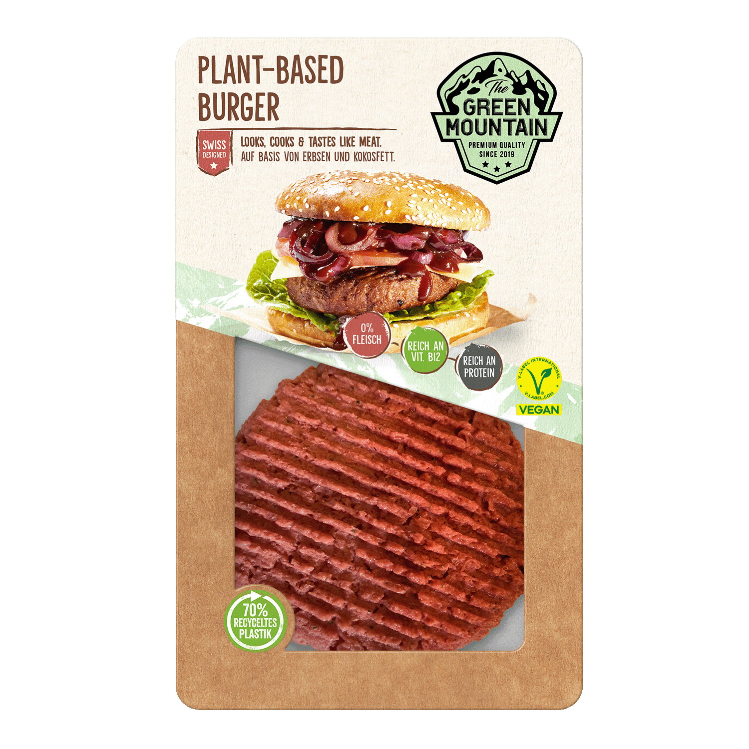 Plant Based Burger, 230g Not only is it unrivalled in terms of taste, but the first burger developed and produced in Switzerland will be a sensation at your next BBQ night. A delectable burger that looks and tastes like its animal predecessor but is purely plant-based – a genuine work of Swiss precision craftsmanship. So get them in some burger buns, drizzle with this tasty burger sauce and prepare for the most delicious burger experience since vegan burgers began.