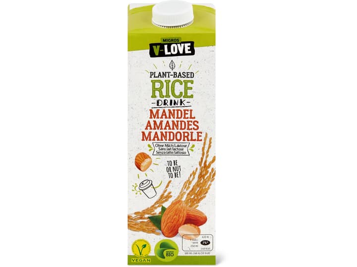 V-Love Bio · Rice drink · Almond M-Check is Migros issued CO2 score