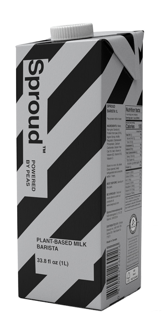 SPROUD BARISTA Rich, foamy and low in sugar. Perfect for lattes. Tasty in tea.
The Sproud pea drink is made from European yellow peas, a sustainable source of protein that requires less water than oats or almonds and is naturally gluten-free.