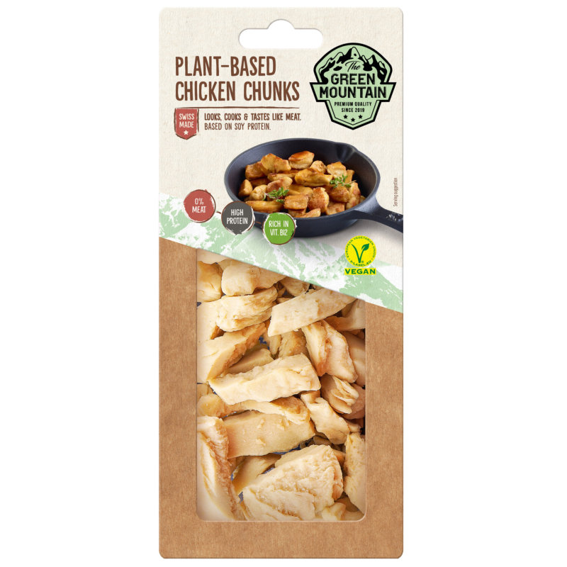 Plant Based Alternative to Chicken Chunks, 180g Zero meat. Truly unique.
Like chicken chunks - only better, that's our "The Green Mountain" alternative to chicken chunks. Better for you because it contains lots of protein and vitamin B12 and fewer calories and salt than its conventional counterpart. Better for everyone because its production causes less CO2 than meat. Another piece of real enjoyment without any meat!