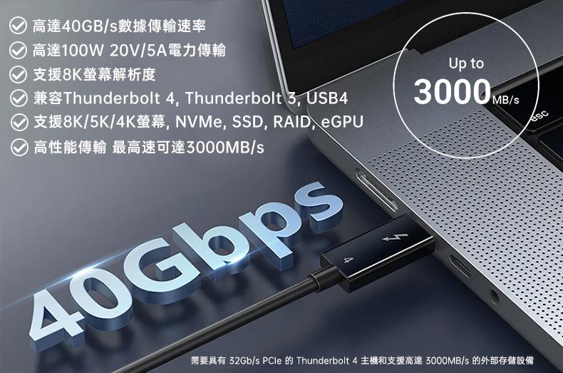 Thunderbolt 4 USB-C超高速傳輸訊號充電線『Active-2公尺』 - 支援8K 顯示器 / 40Gbps數據傳輸 / 100W充電