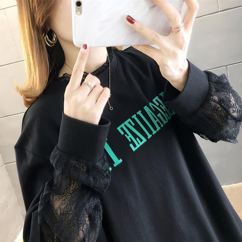 春裝印花拼接網紗T兩色 M-2XL