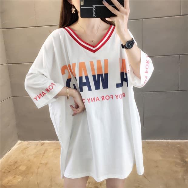 正反V領拼色印花T三色 M-2XL