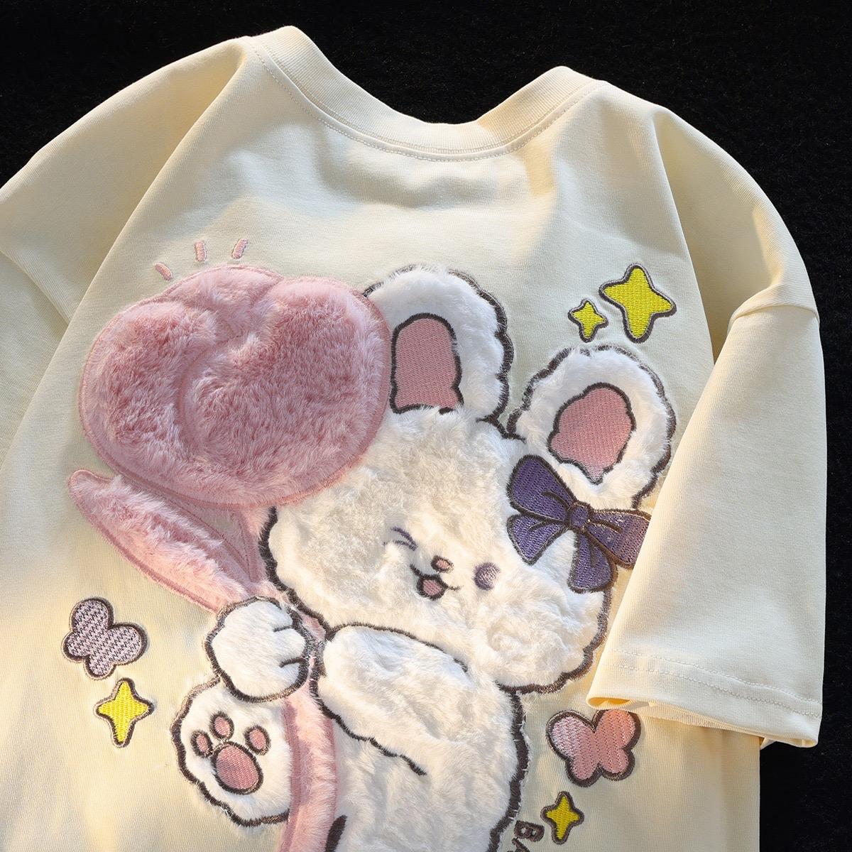 純棉後包條植絨花朵小兔子T桖2色 M-2XL