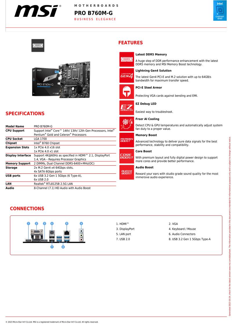 微星 PRO B760M-G 主機板 M-ATX/1700腳位