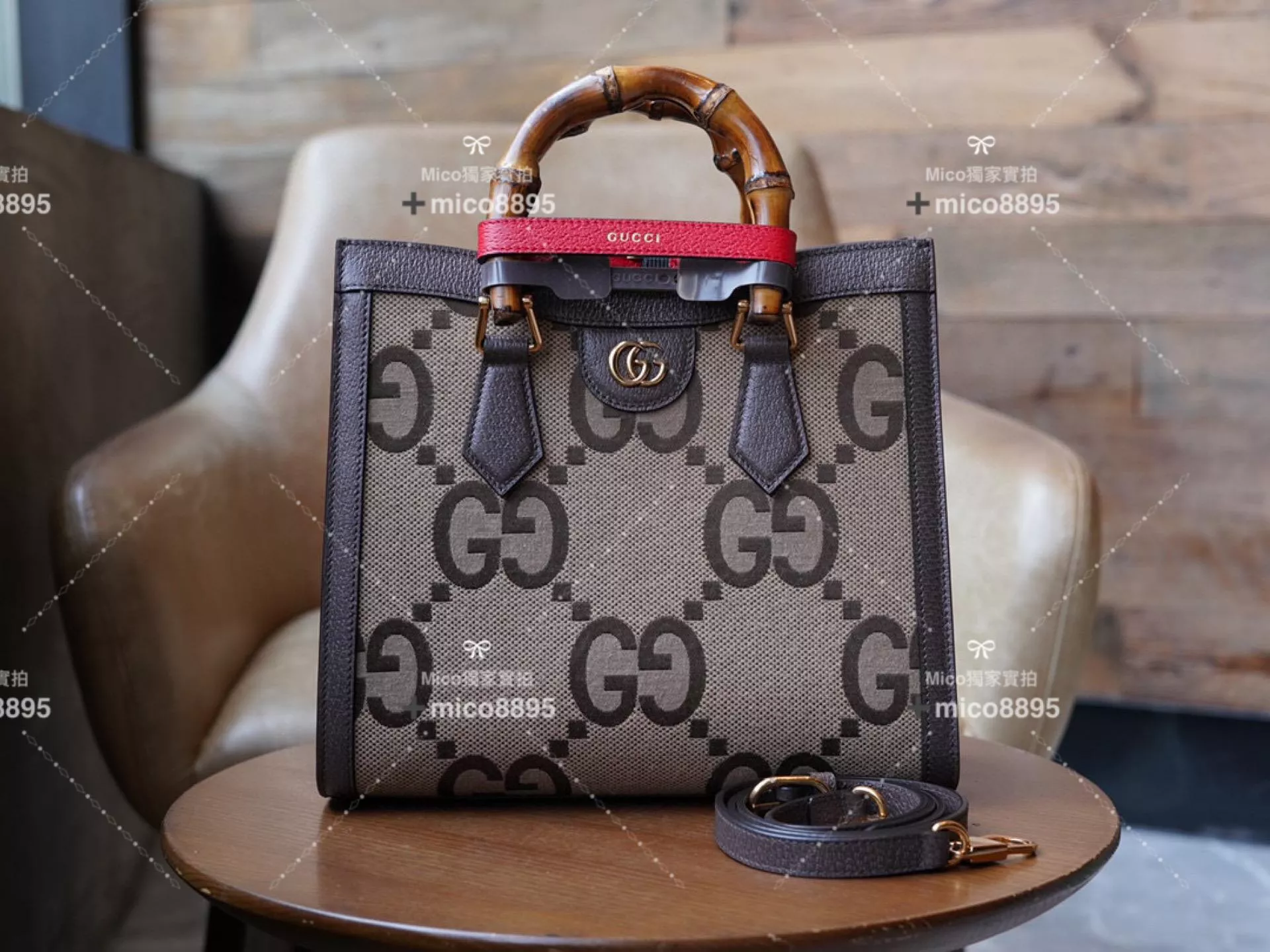 Gucci 𝐃𝐢𝐚𝐧𝐚竹節系列 駝色和烏木色雙G圖案帆布托特包 小號27cm