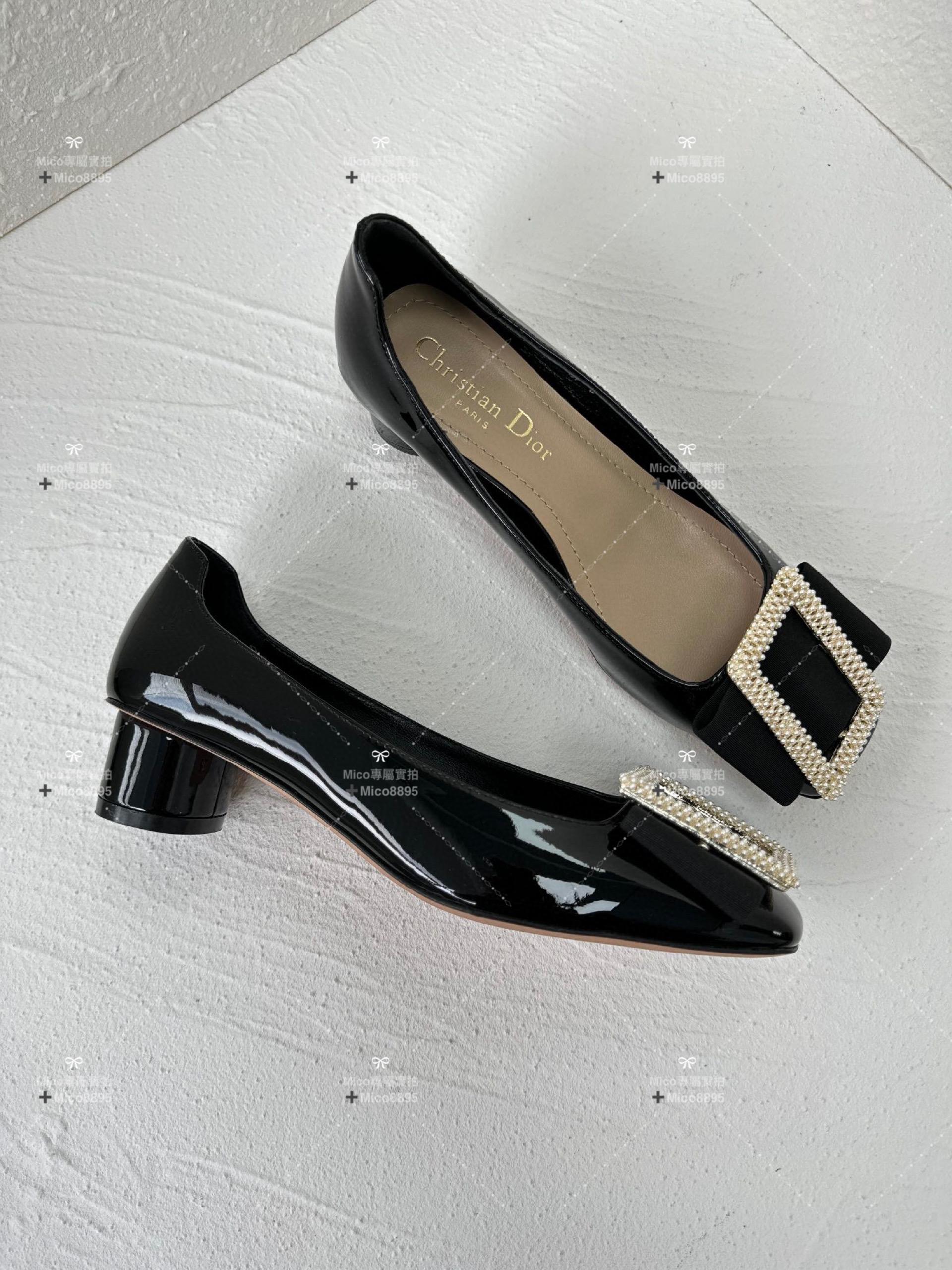 Dior x Roger Vivier 秋冬合作款 瑪麗珍方頭低跟鞋 漆皮黑/珍珠釦 4.5cm 碼35-40