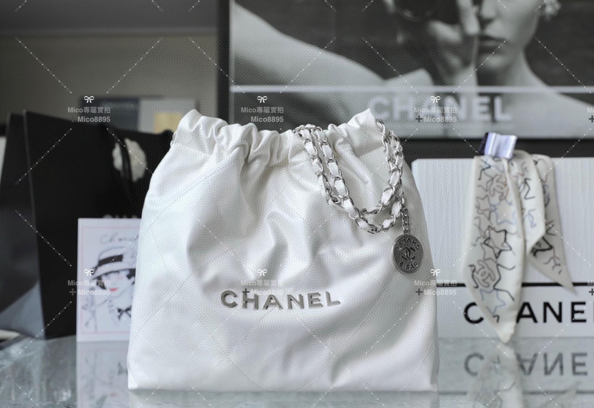 Chanel 爆款22Bag 白色/砂銀扣 ♥ 真皮 購物包/肩背包