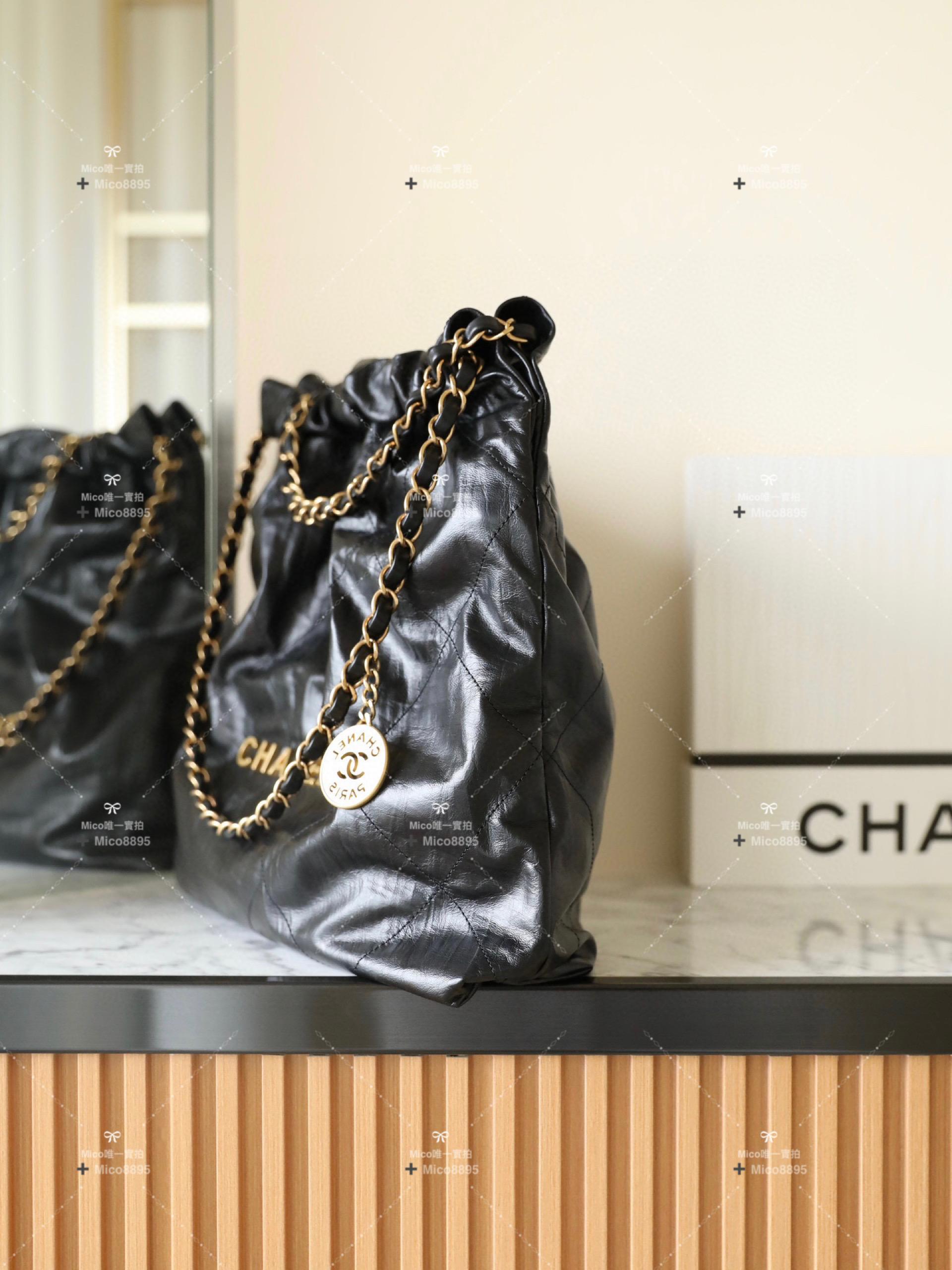 CHANEL 𝟐𝟑𝐀手工坊新品 中號 𝟤𝟤𝖡𝖺𝗀褶皺小牛皮 購物袋 通勤包 ♥ 黑色