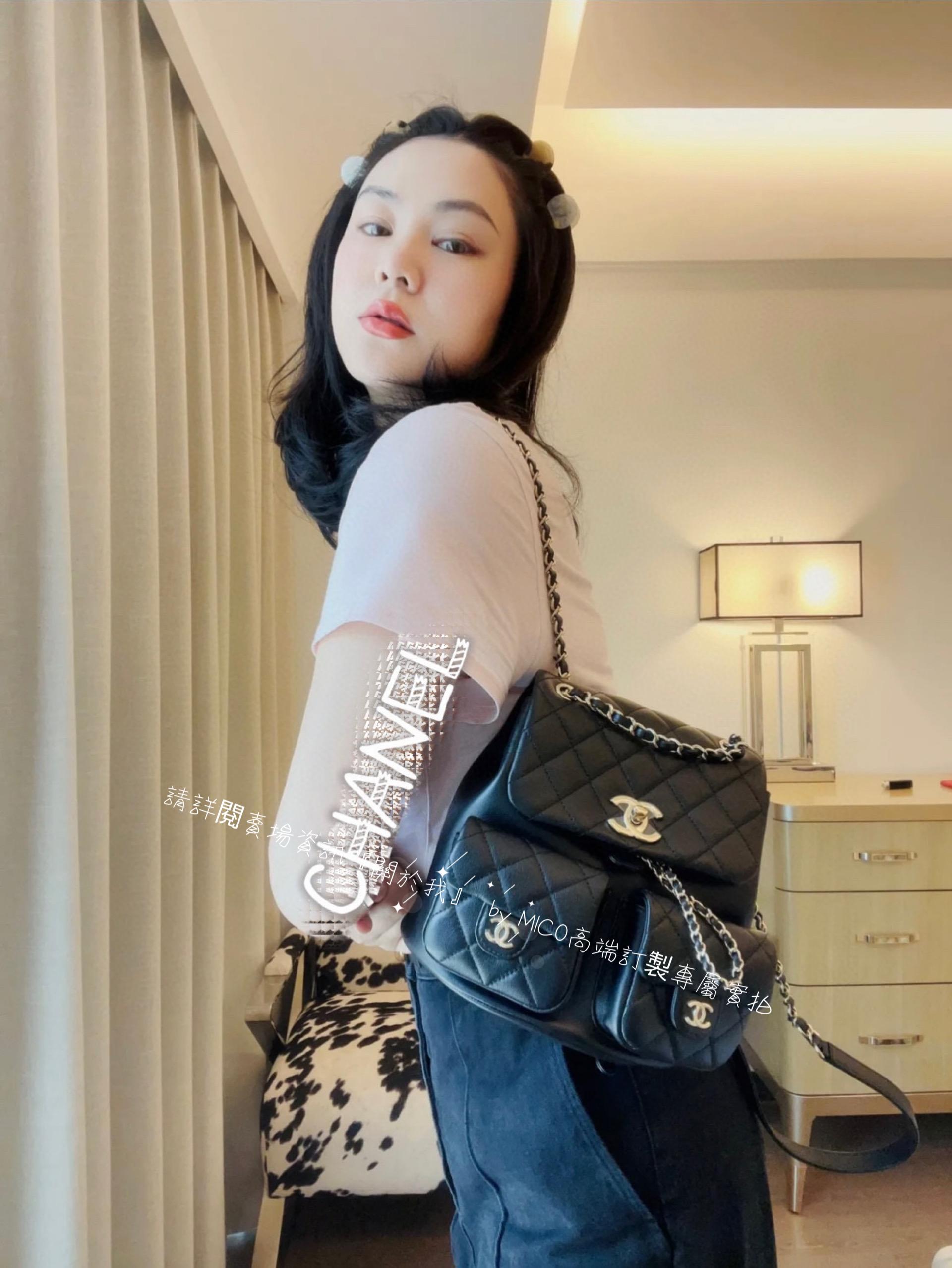 CHANEL 雙口袋青蛙背包 黑色♥ 大號 牛皮/淡金釦 20.5cm