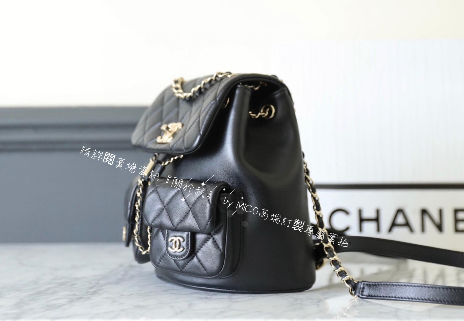 CHANEL 雙口袋青蛙背包 黑色♥ 大號 牛皮/淡金釦 20.5cm