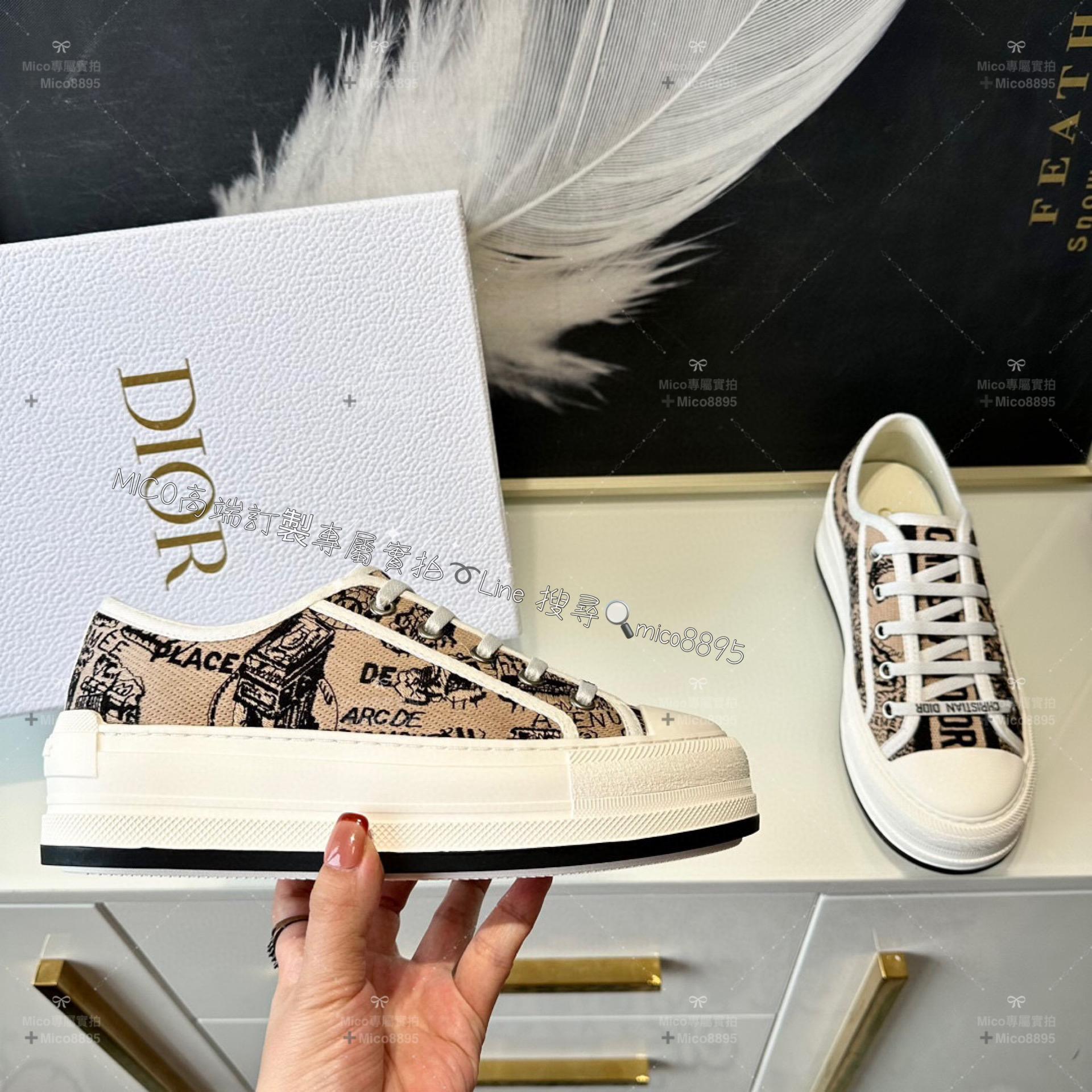 Dior 新款Walk'n系列 巴黎地圖/咖啡色刺繡 情侶款厚底帆布鞋 休閒鞋 底厚: 4.5cm 碼數: 女35-39  男 40-44