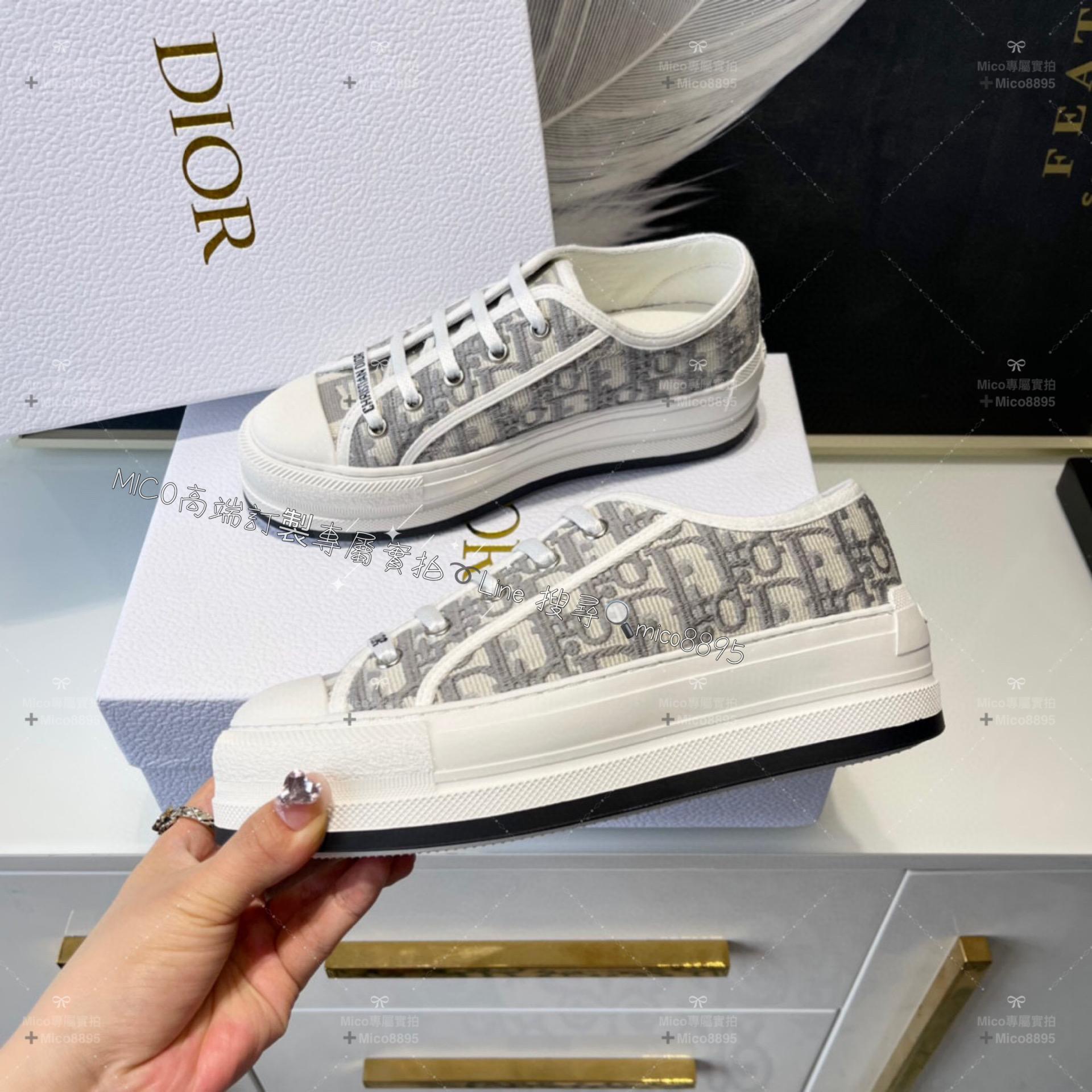 Dior 新款Walk'n系列 灰色老花刺繡 情侶款厚底帆布鞋 休閒鞋 底厚: 4.5cm 碼數: 女35-39  男 40-44