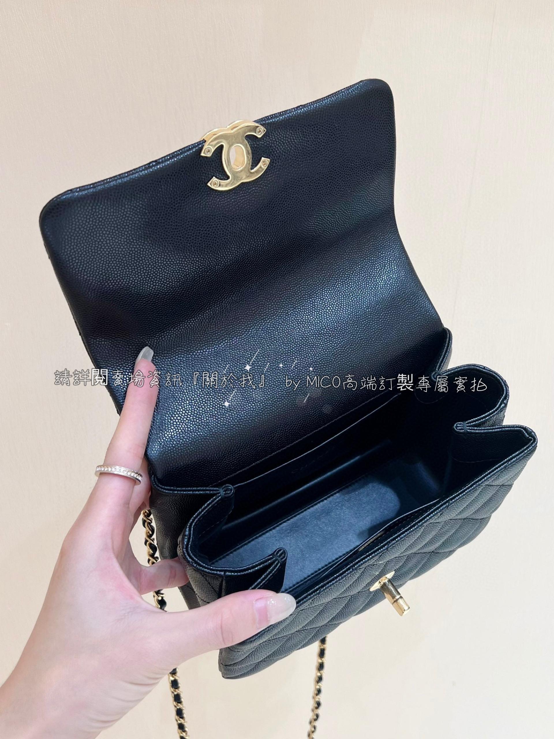 CHANEL 22k 黑色 雙排雙c鏈荔枝牛皮方胖子 20cm