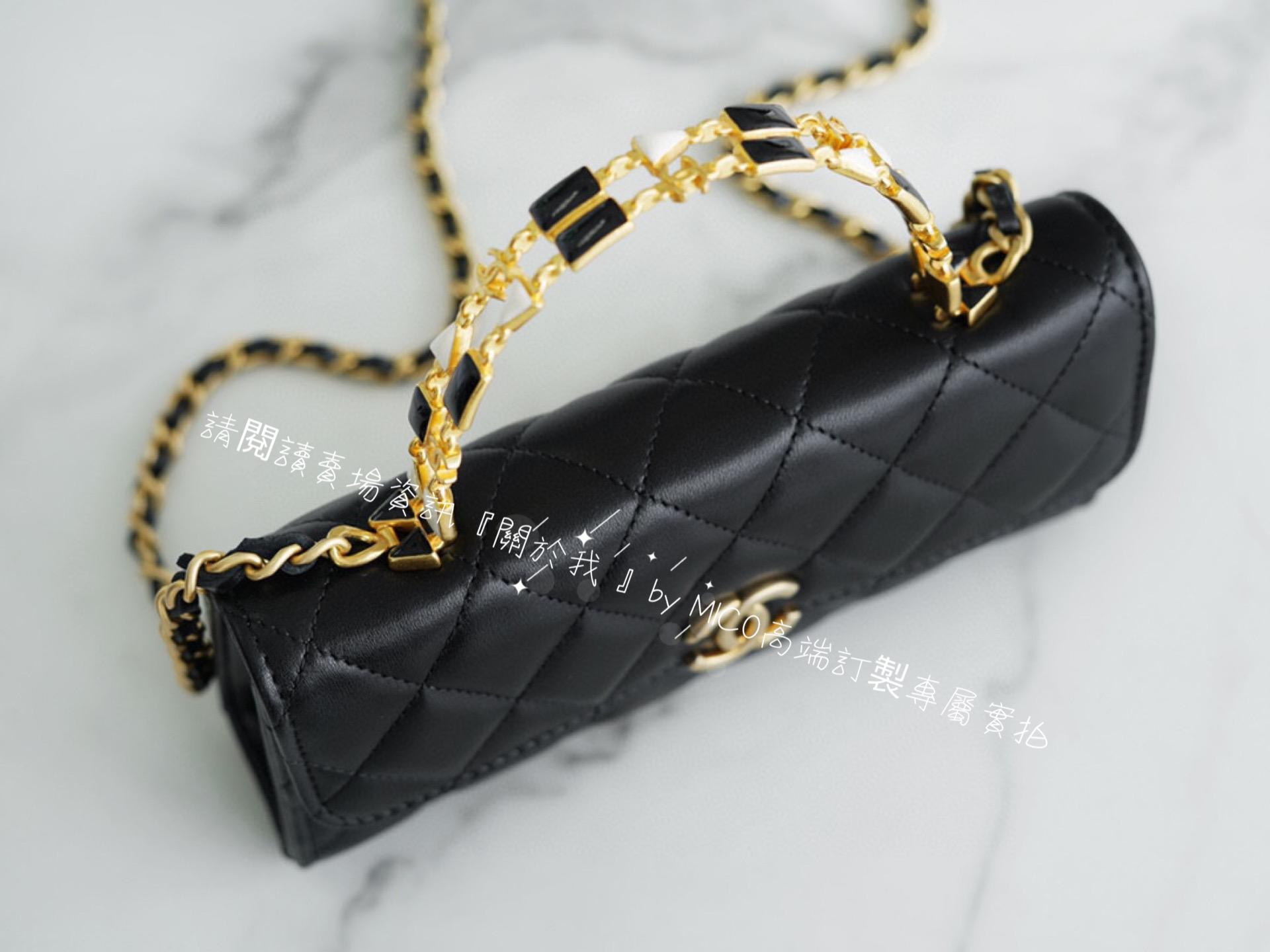 CHANEL 22B 琺瑯手柄包 Kelly包 大號 黑金/羊皮 18cm