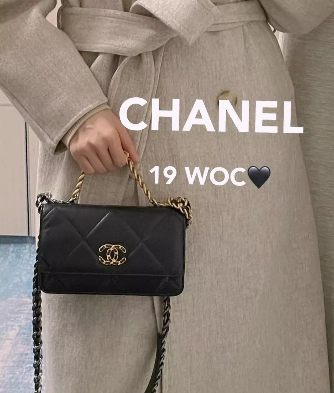 CHANEL 19系列 啞光金 拼接鏈條 19woc 黑色/小牛皮/金釦 19cm