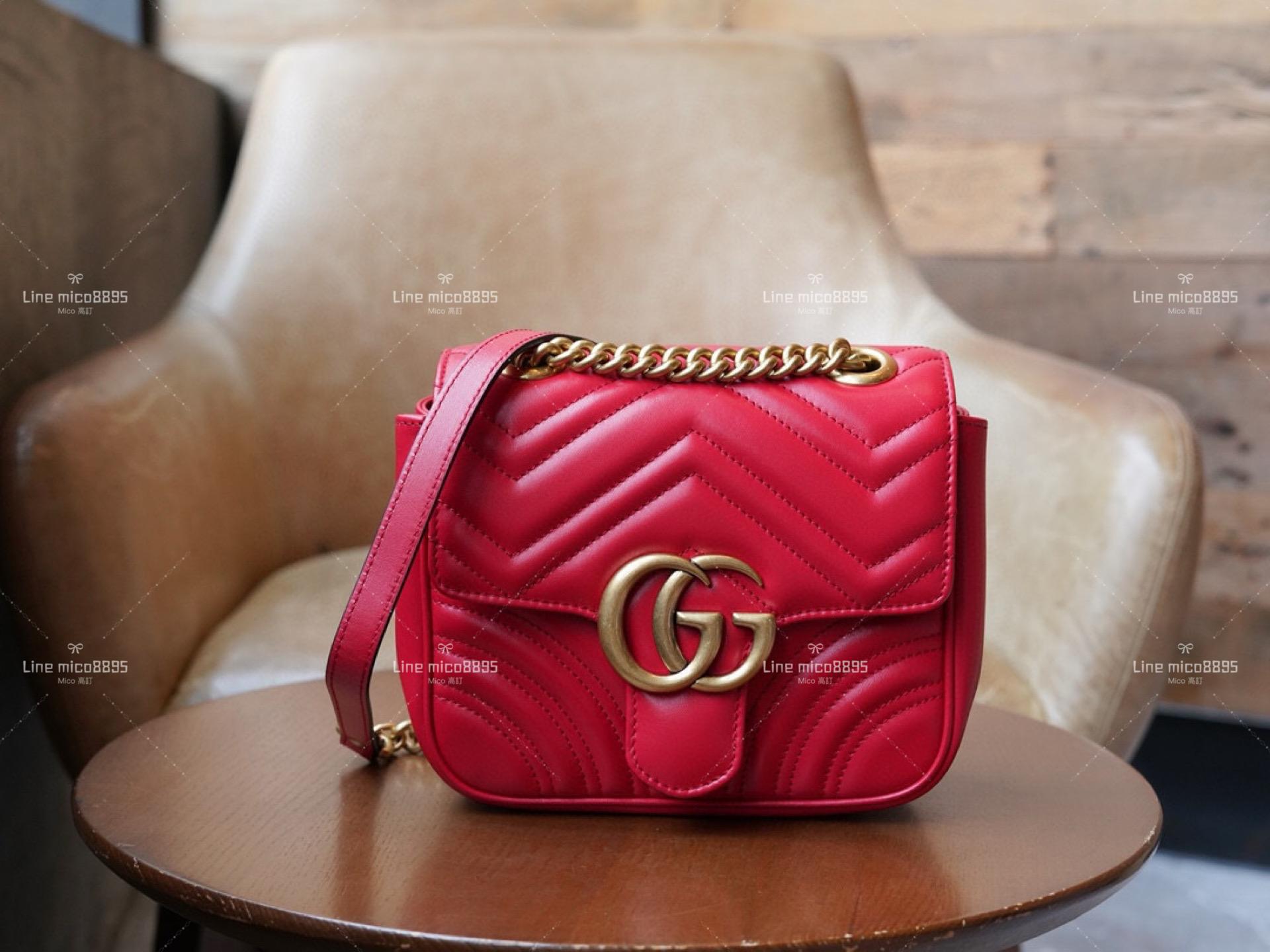 Gucci GG Marmont 紅色 牛皮方胖子 斜跨包 18cm