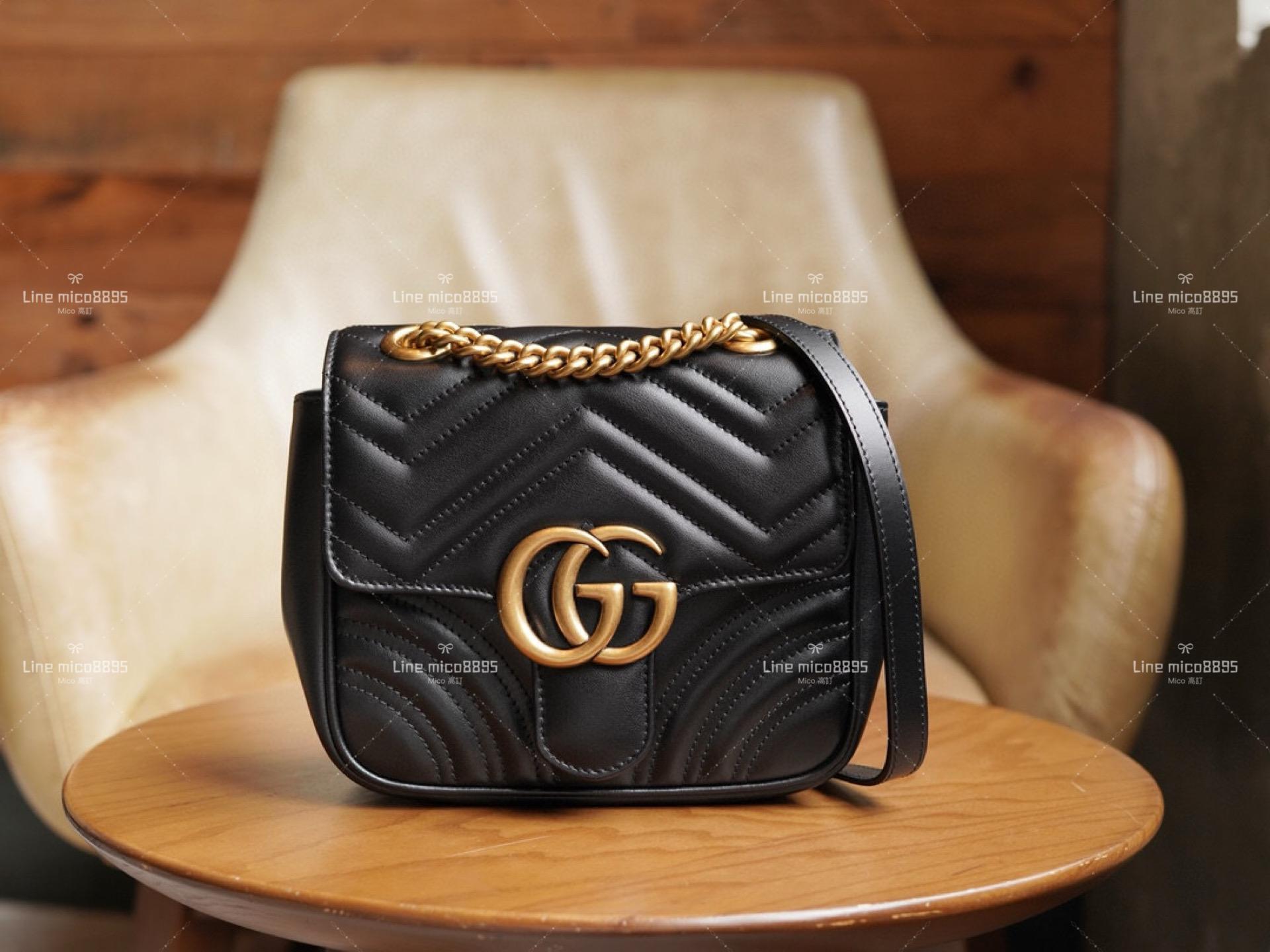 Gucci GG Marmont 黑色牛皮方胖子 斜跨包 18cm