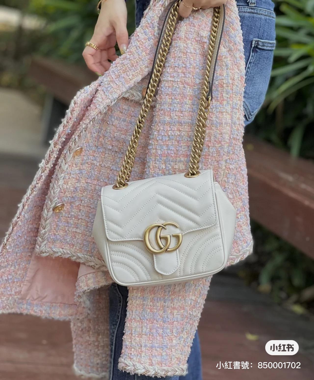 Gucci GG Marmont 白色 牛皮方胖子 斜跨包 18cm