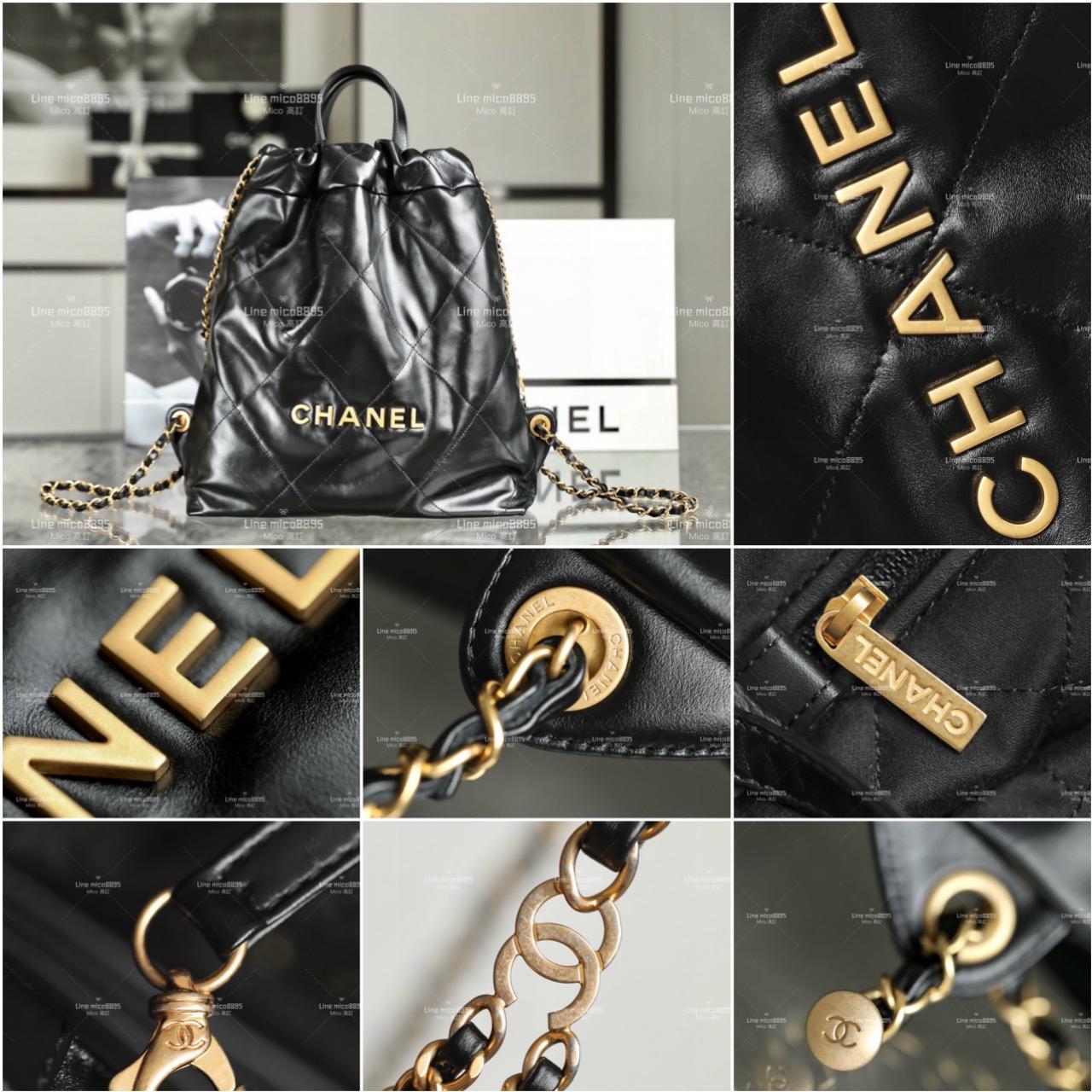 Chanel 新尺寸 小號 黑色/金釦 22Bag 小牛皮雙肩包/背包