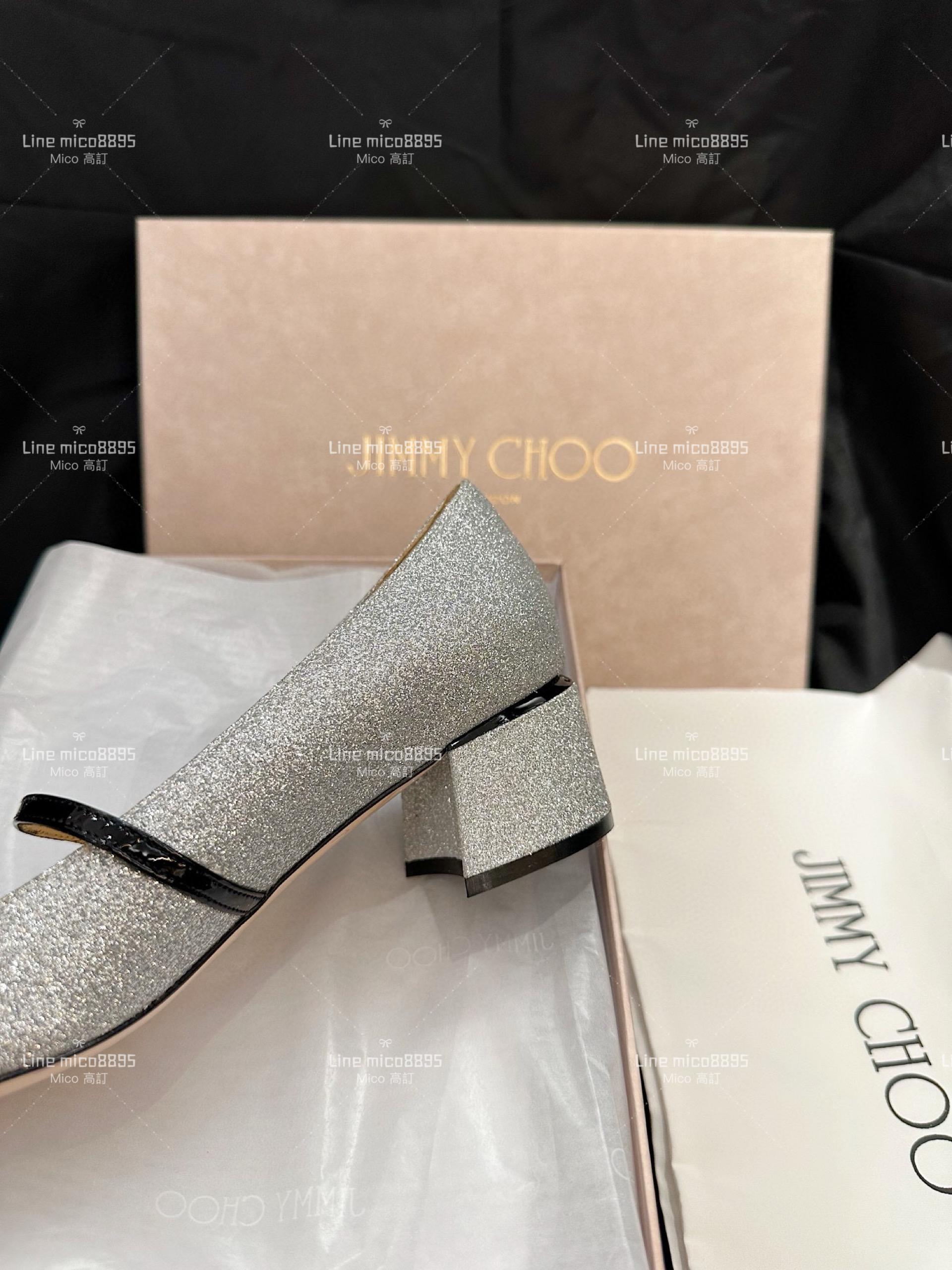 JIMMY CHOO 閃銀格莉特拼黑色漆皮 瑪莉珍跟鞋 娃娃鞋 4..5cm 35-40