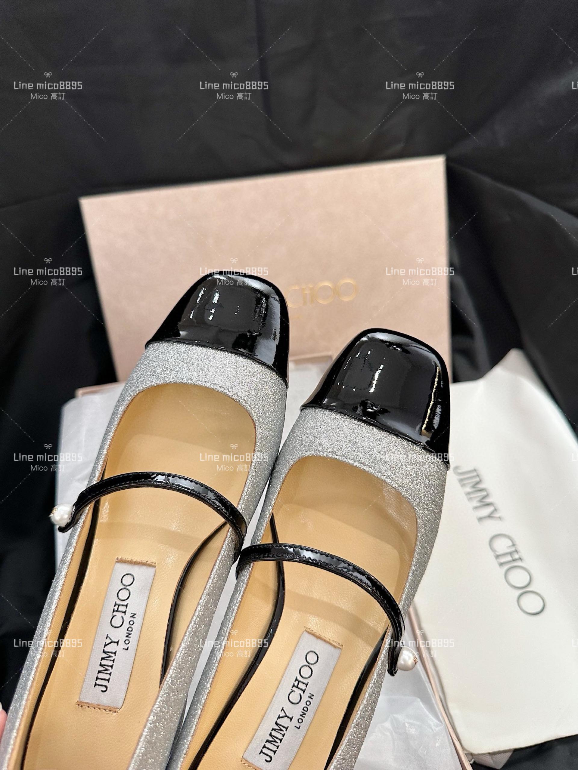 JIMMY CHOO 閃銀格莉特拼黑色漆皮 瑪莉珍跟鞋 娃娃鞋 4..5cm 35-40