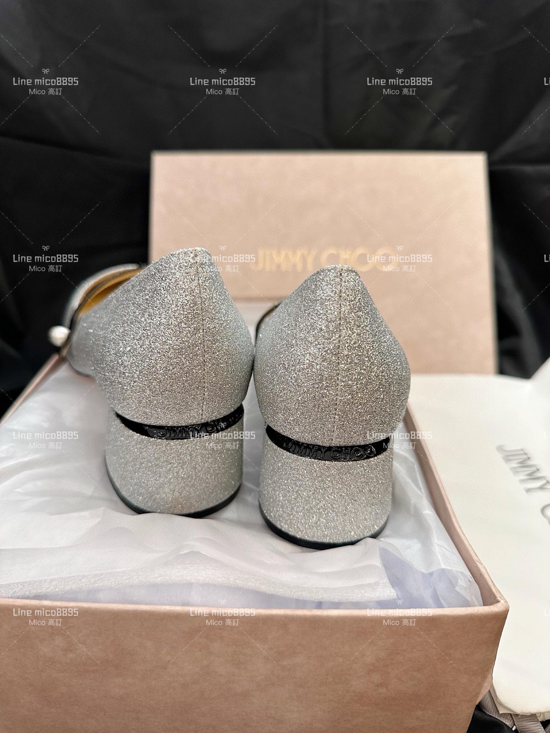 JIMMY CHOO 閃銀格莉特拼黑色漆皮 瑪莉珍跟鞋 娃娃鞋 4..5cm 35-40