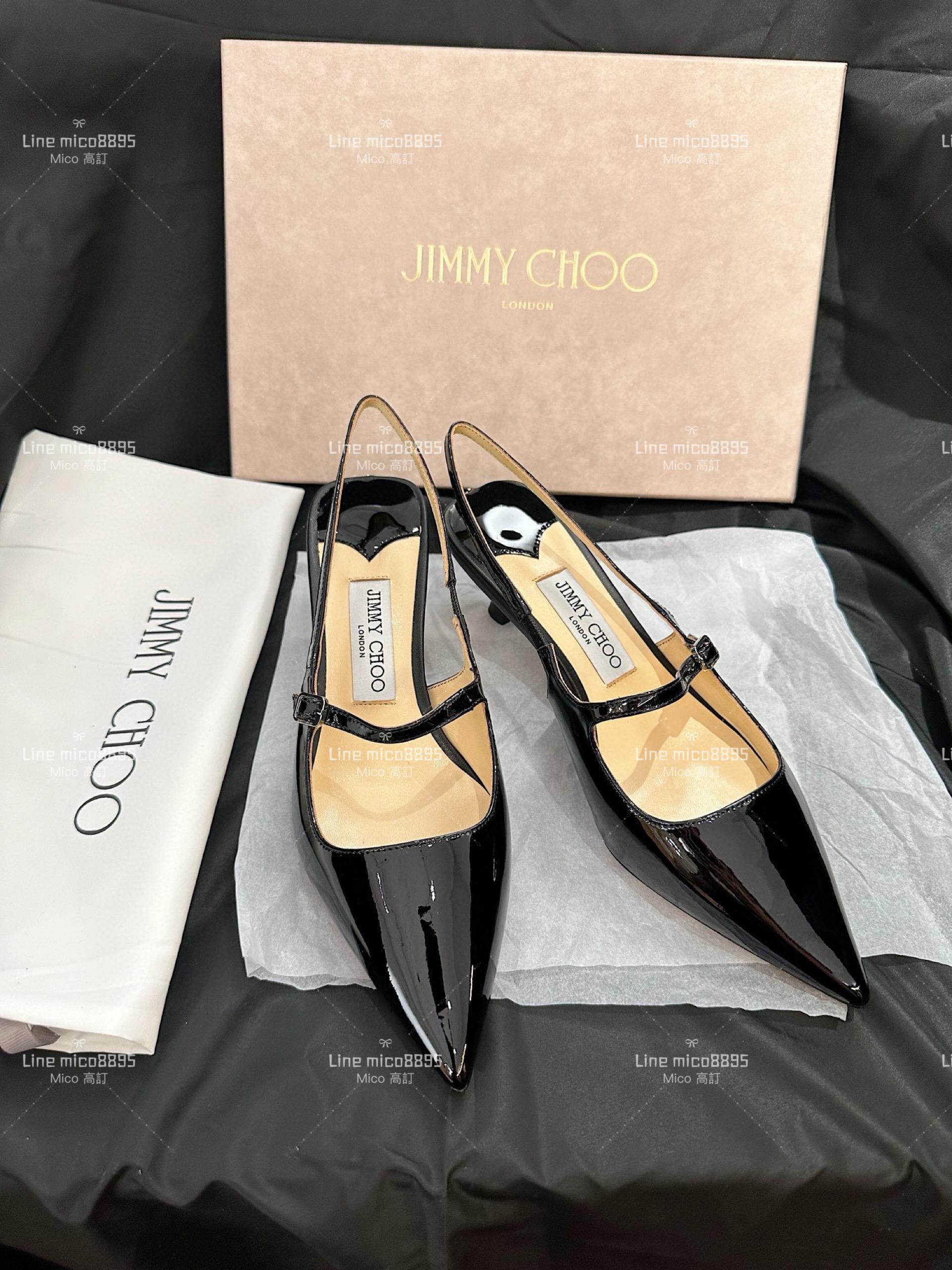 JIMMY CHOO 黑色 尖頭繫帶漆皮低跟涼鞋 35-40 4.5cm