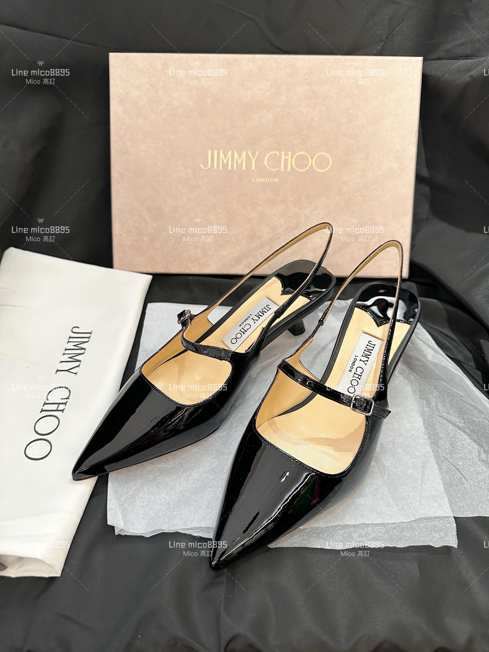 JIMMY CHOO 黑色 尖頭繫帶漆皮低跟涼鞋 35-40 4.5cm