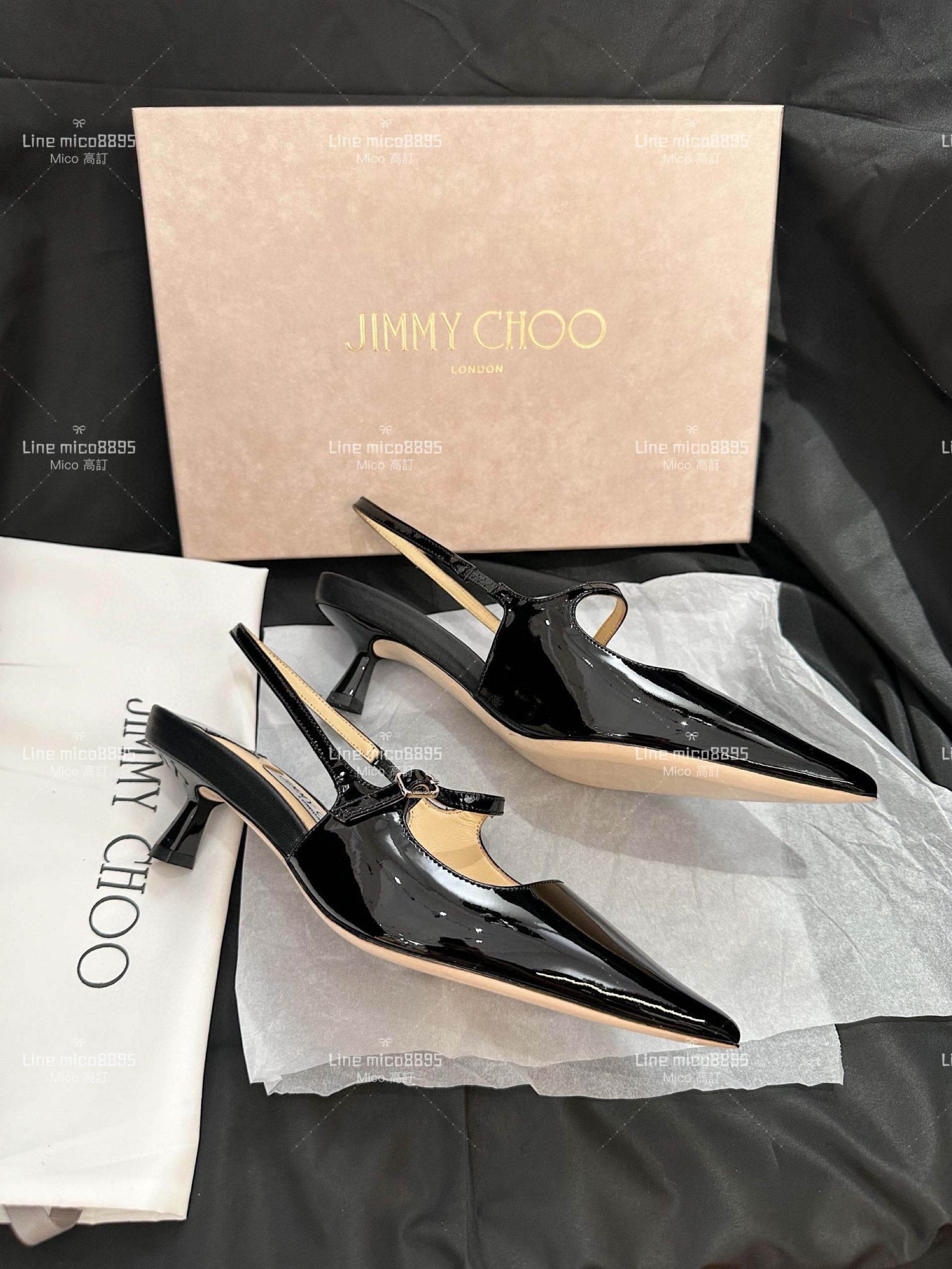 JIMMY CHOO 黑色 尖頭繫帶漆皮低跟涼鞋 35-40 4.5cm