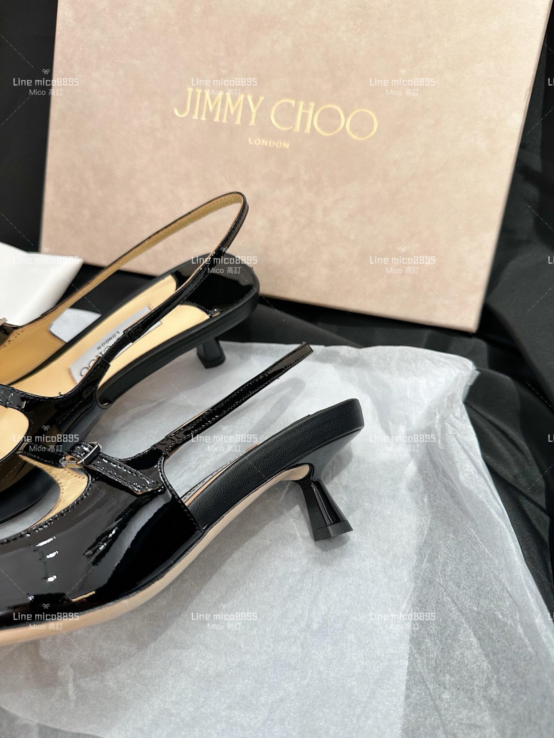 JIMMY CHOO 黑色 尖頭繫帶漆皮低跟涼鞋 35-40 4.5cm