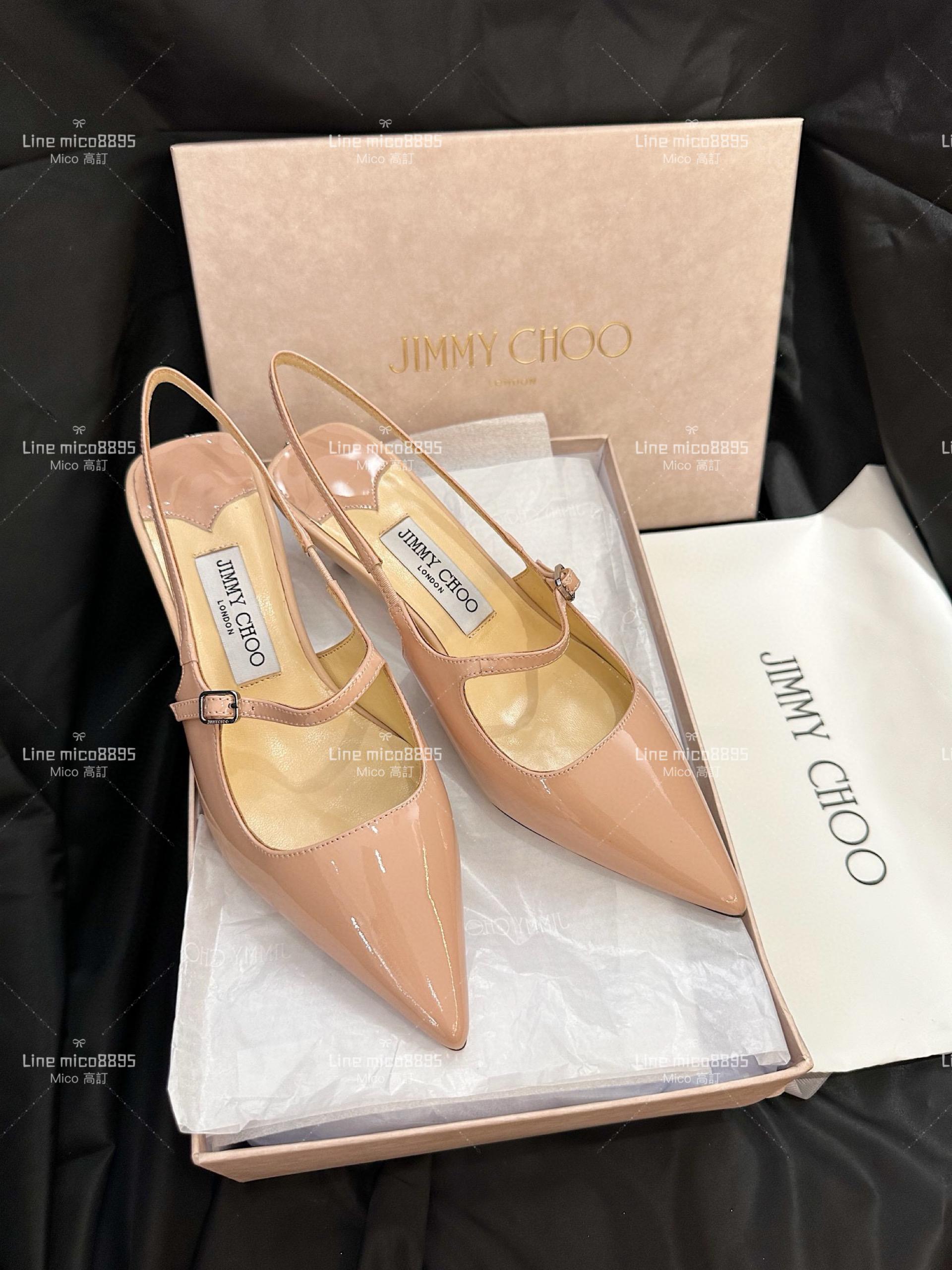 JIMMY CHOO 裸色 尖頭繫帶漆皮低跟涼鞋 35-40 4.5cm