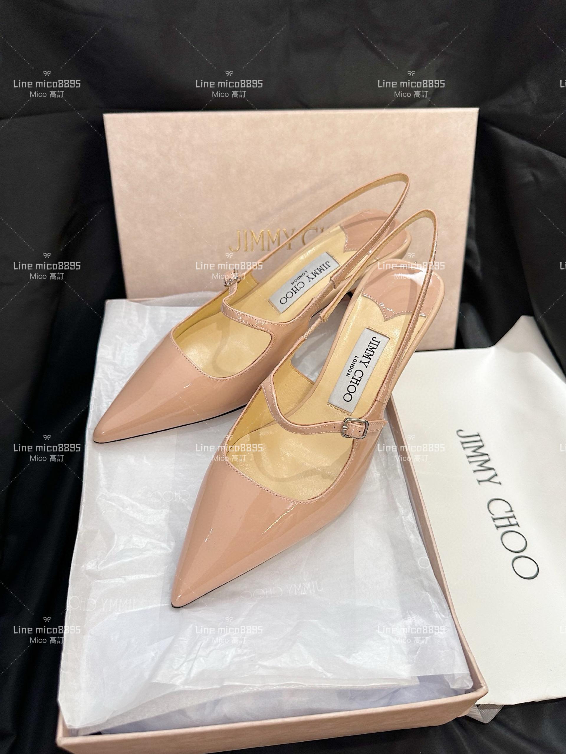 JIMMY CHOO 裸色 尖頭繫帶漆皮低跟涼鞋 35-40 4.5cm