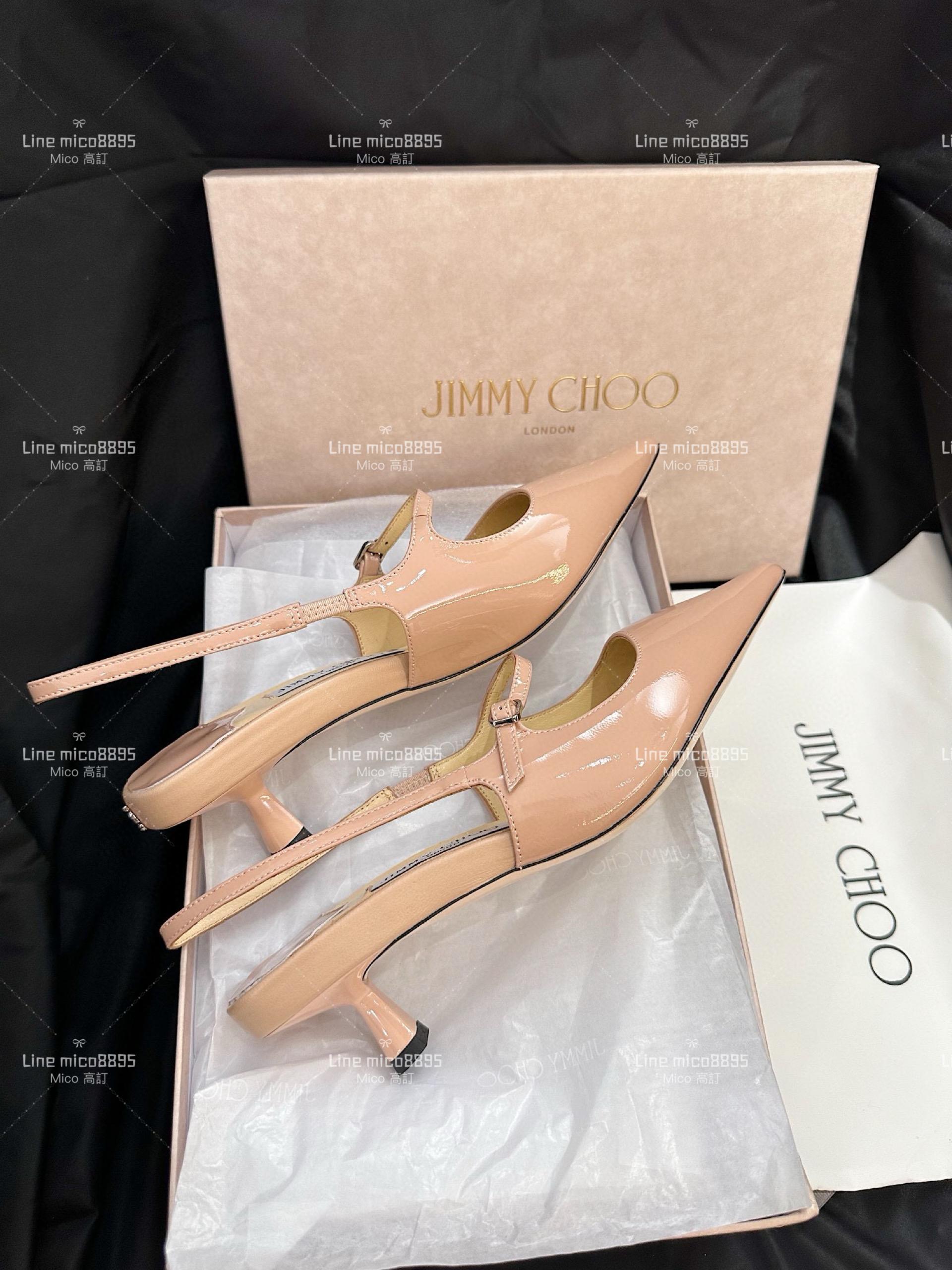 JIMMY CHOO 裸色 尖頭繫帶漆皮低跟涼鞋 35-40 4.5cm