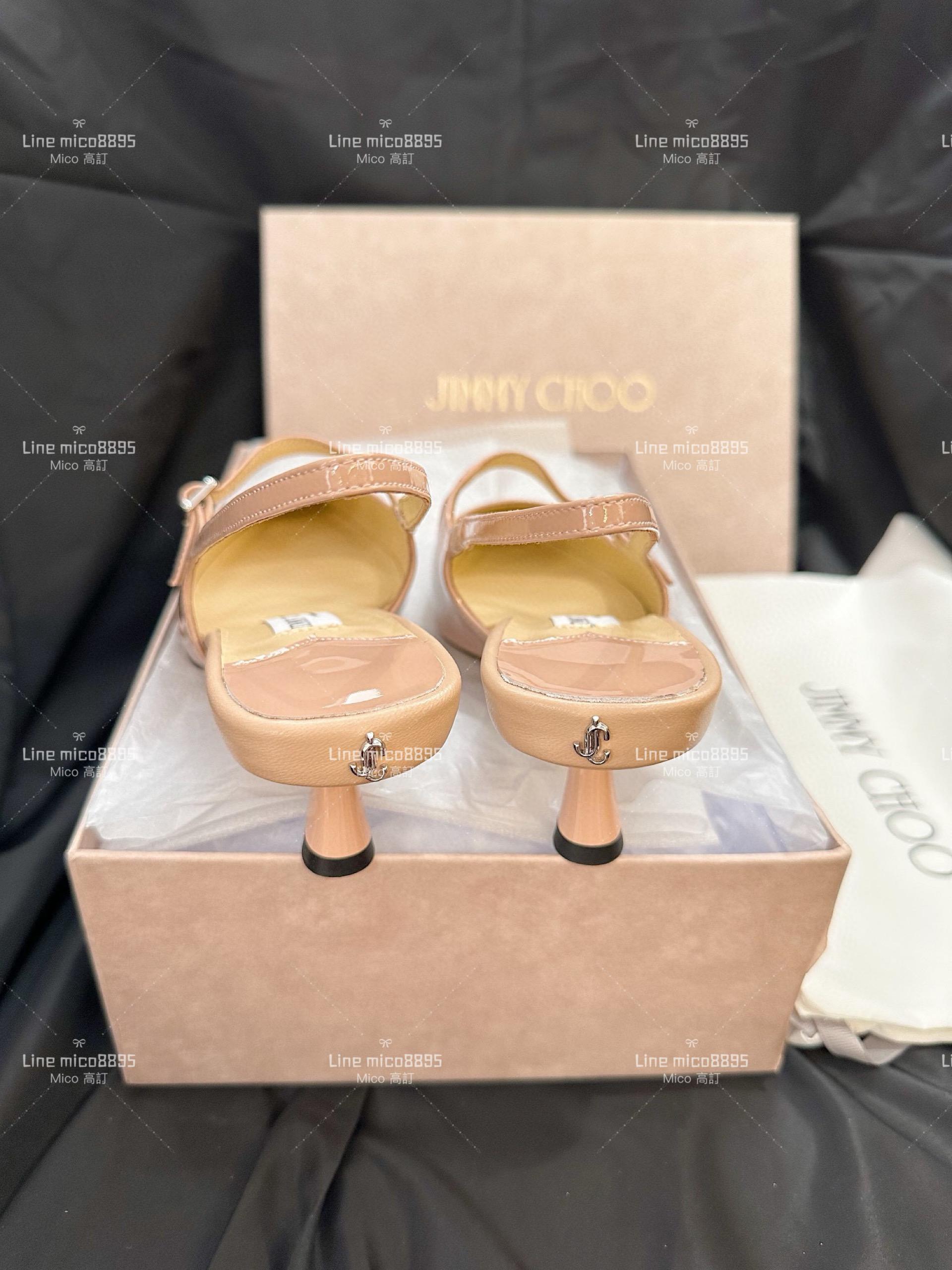 JIMMY CHOO 裸色 尖頭繫帶漆皮低跟涼鞋 35-40 4.5cm