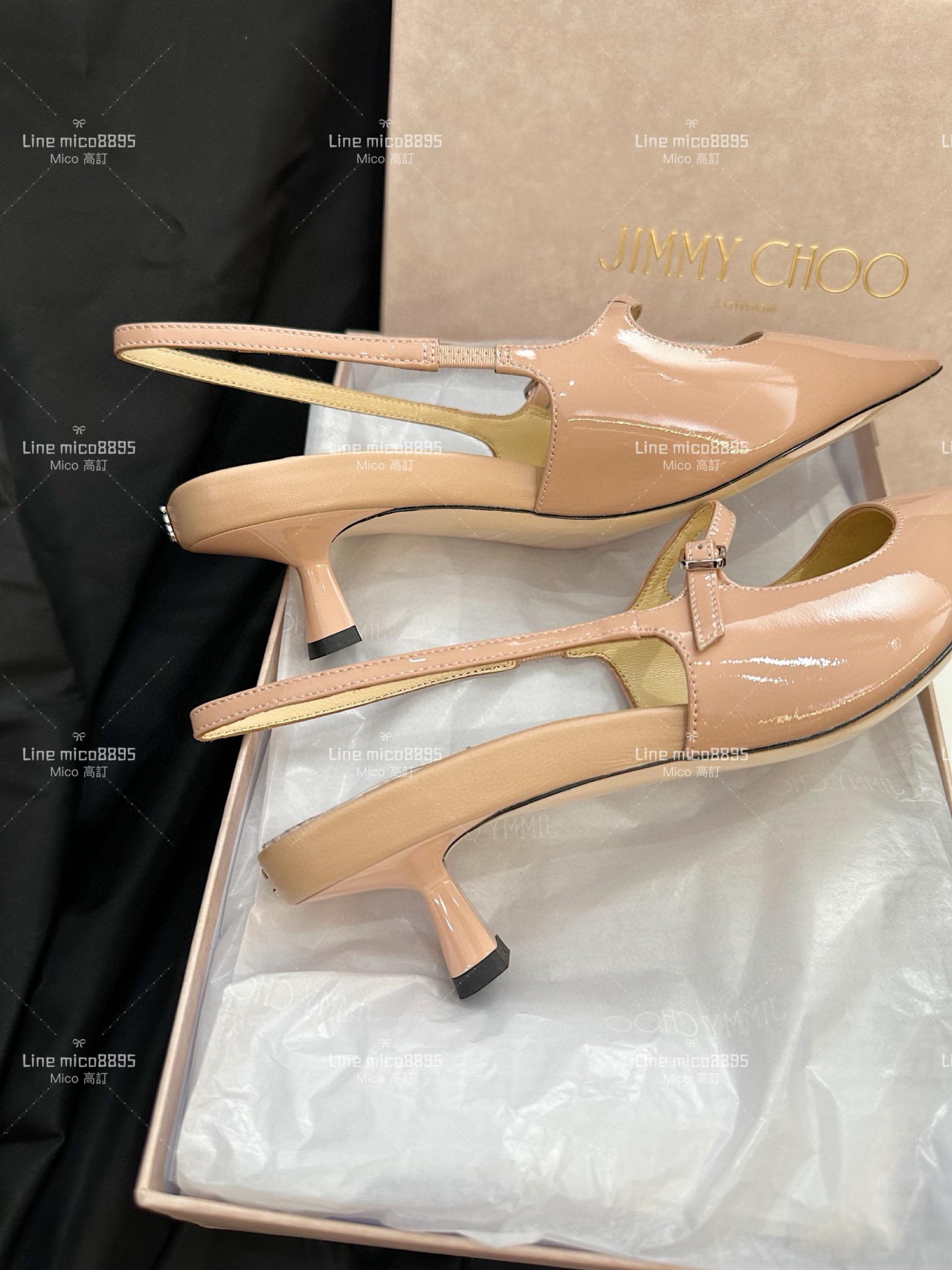 JIMMY CHOO 裸色 尖頭繫帶漆皮低跟涼鞋 35-40 4.5cm