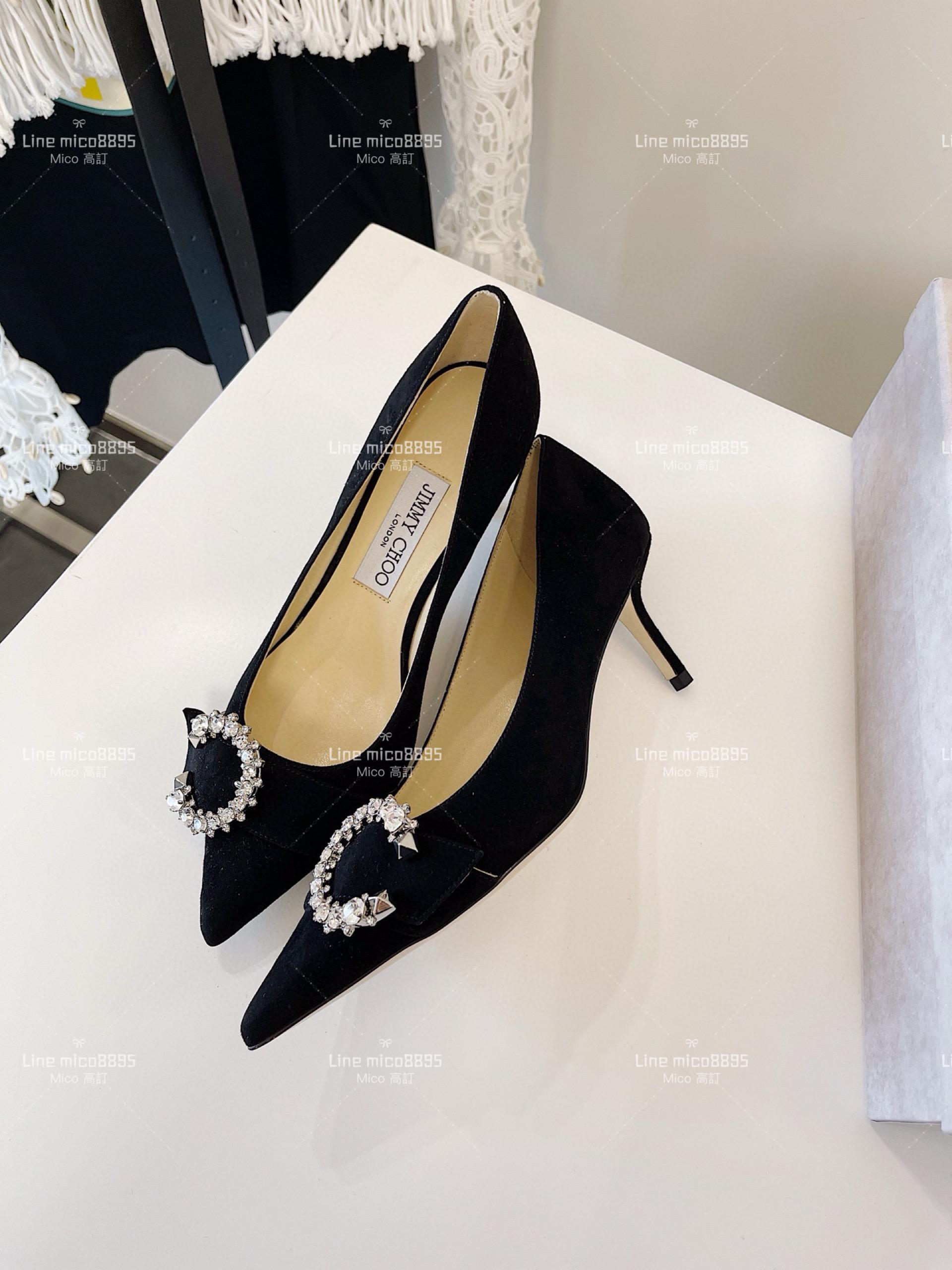 JIMMY CHOO 小尖頭 黑色絨面 C釦水鑽高跟鞋 6.5cm 35-40