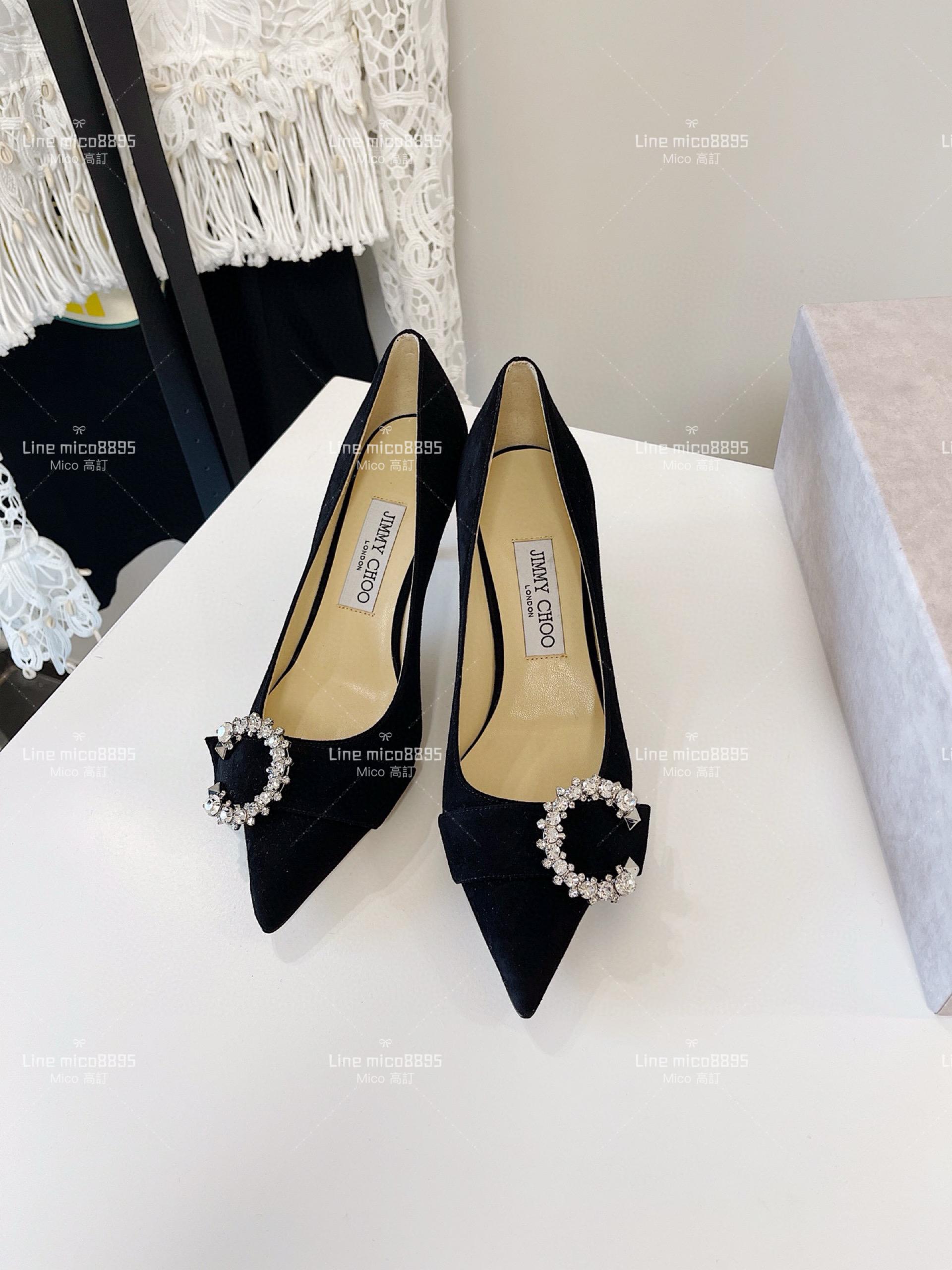 JIMMY CHOO 小尖頭 黑色絨面 C釦水鑽高跟鞋 6.5cm 35-40