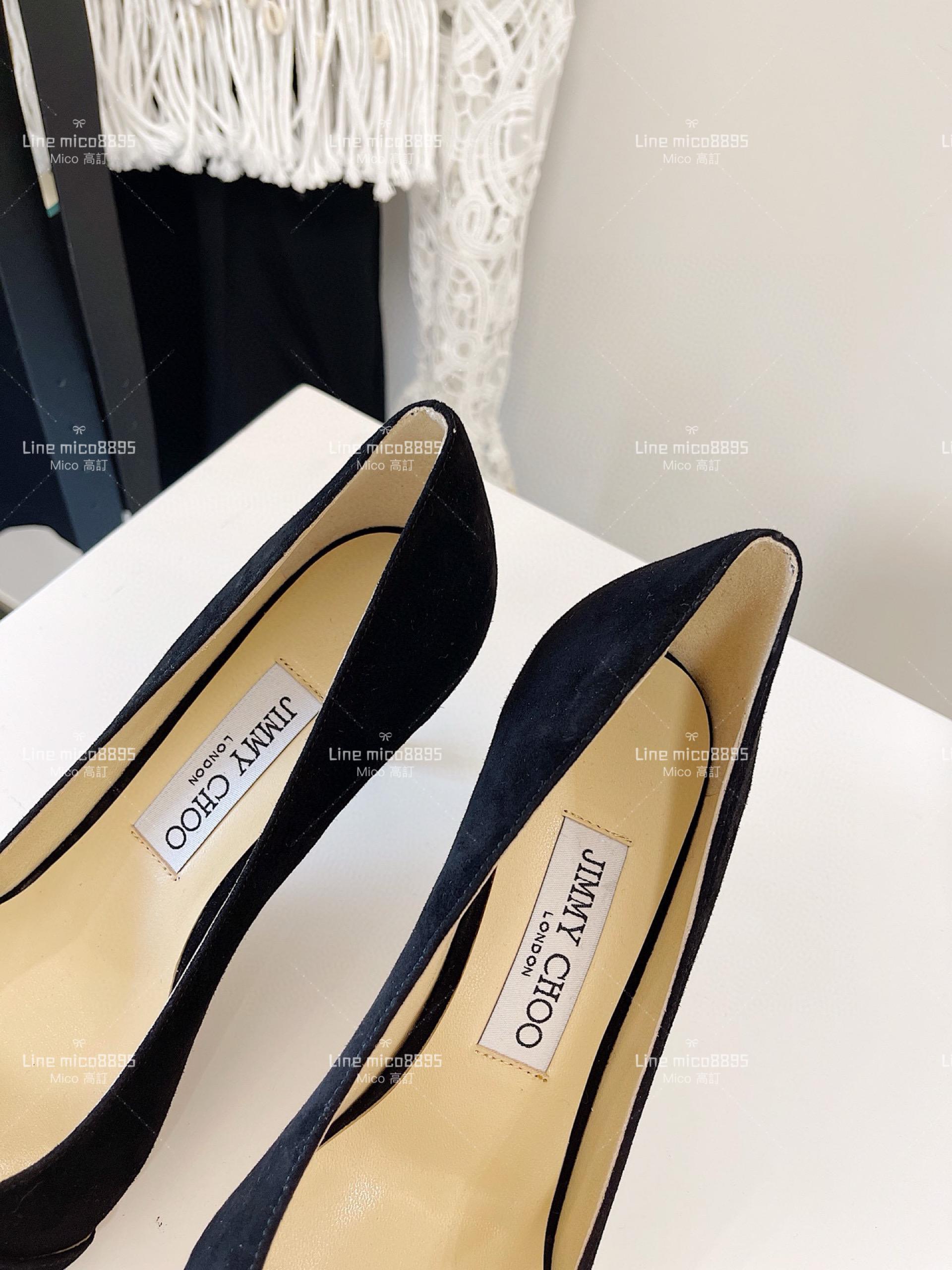 JIMMY CHOO 小尖頭 黑色絨面 C釦水鑽高跟鞋 6.5cm 35-40