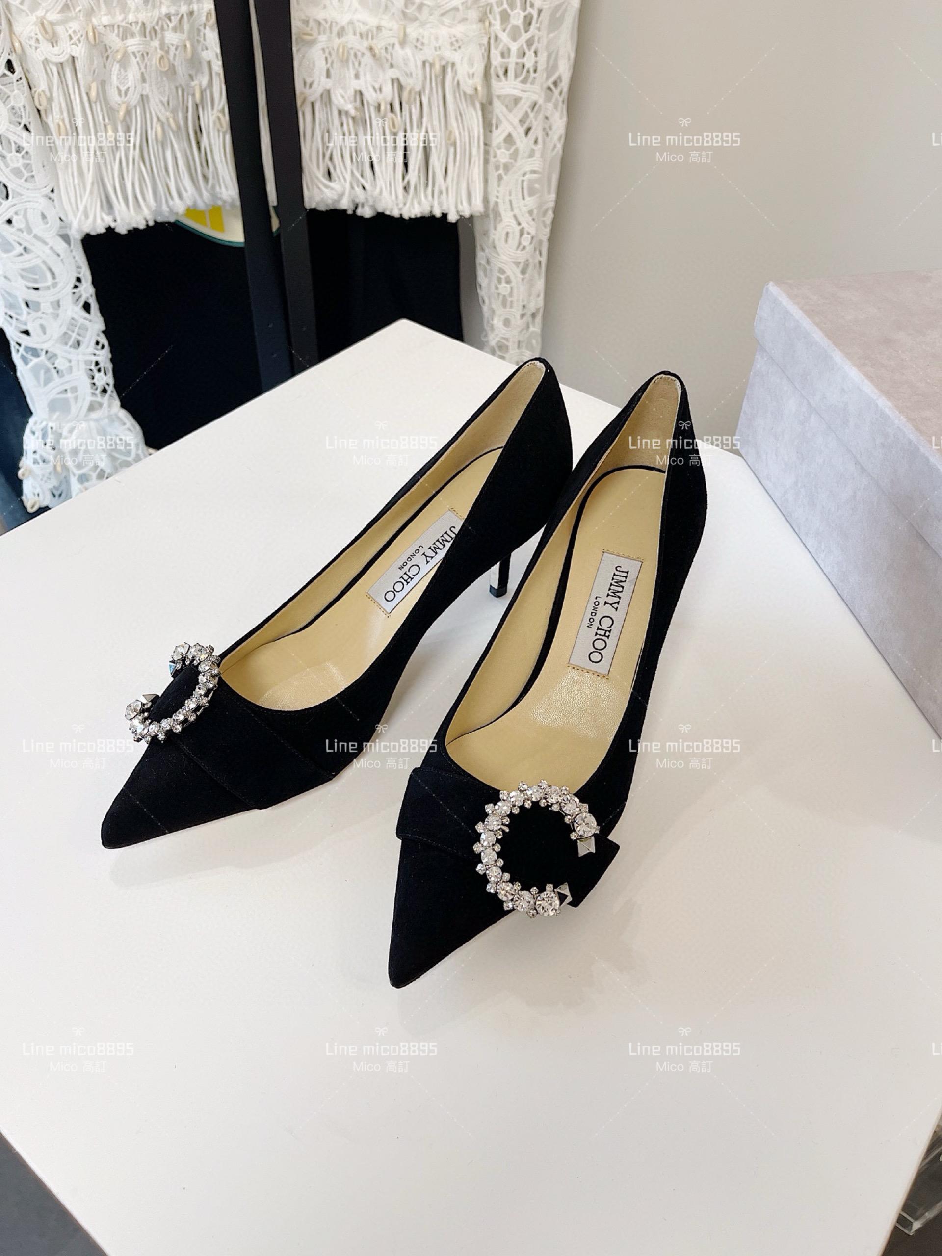 JIMMY CHOO 小尖頭 黑色絨面 C釦水鑽高跟鞋 6.5cm 35-40