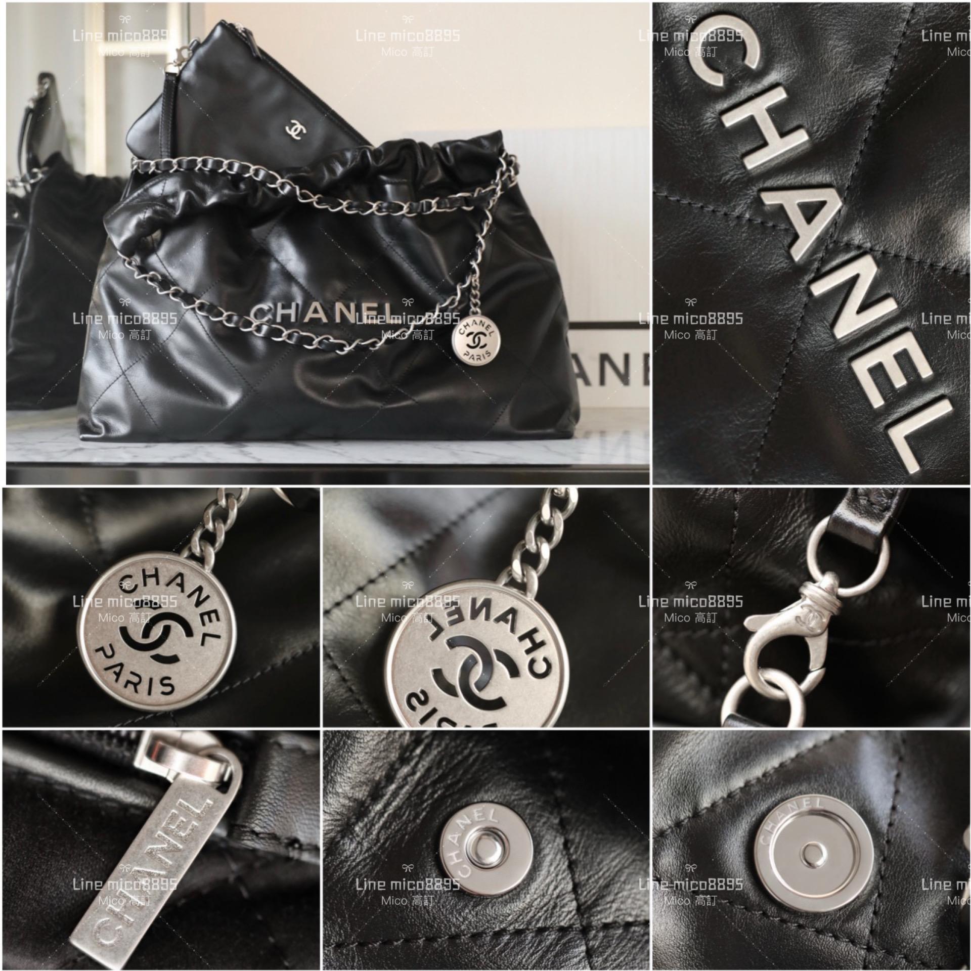 CHANEL 新款22Bag 橫款22包 牛皮黑色/銀釦 購物包 30*45cm