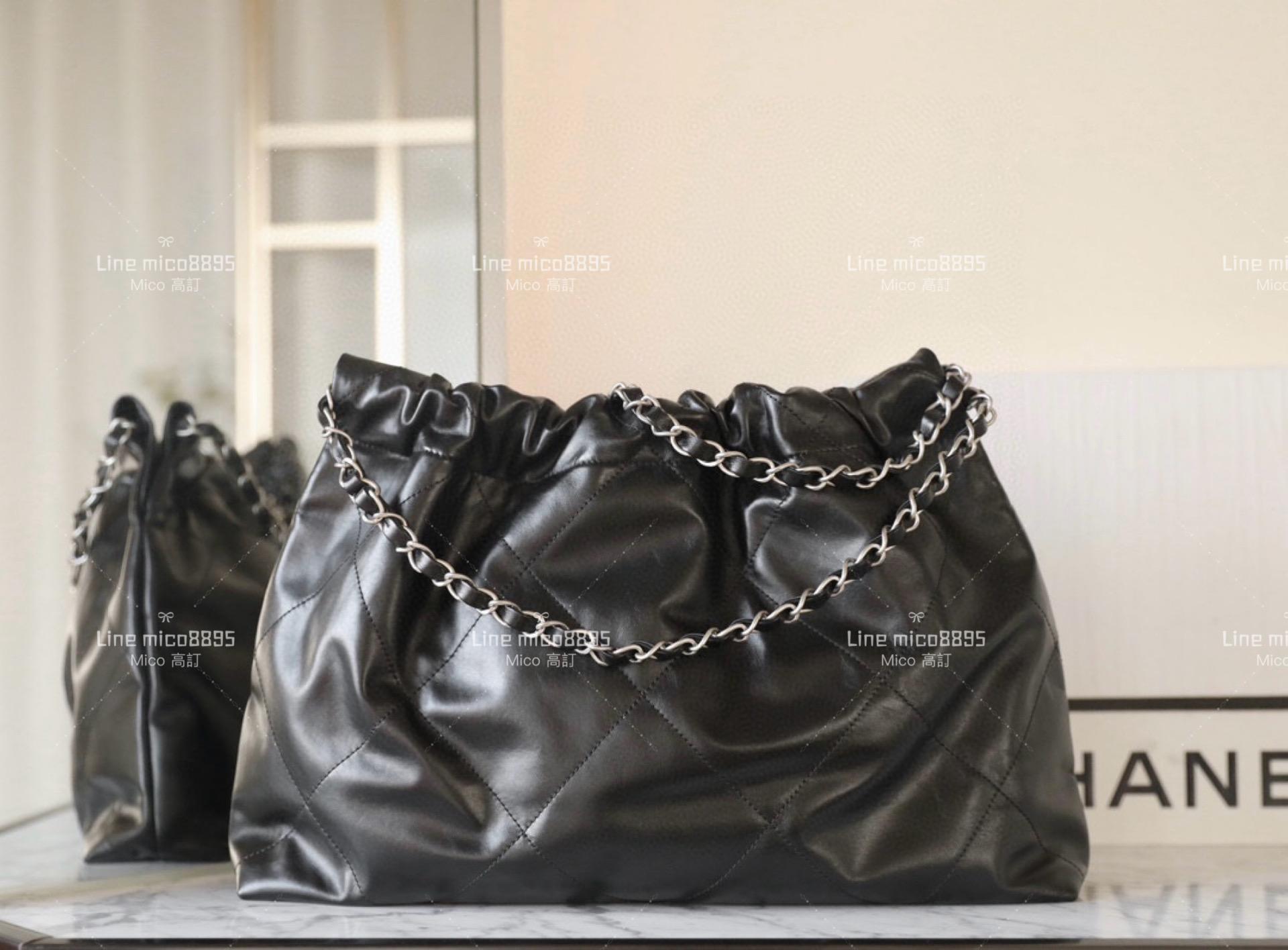 CHANEL 新款22Bag 橫款22包 牛皮黑色/銀釦 購物包 30*45cm