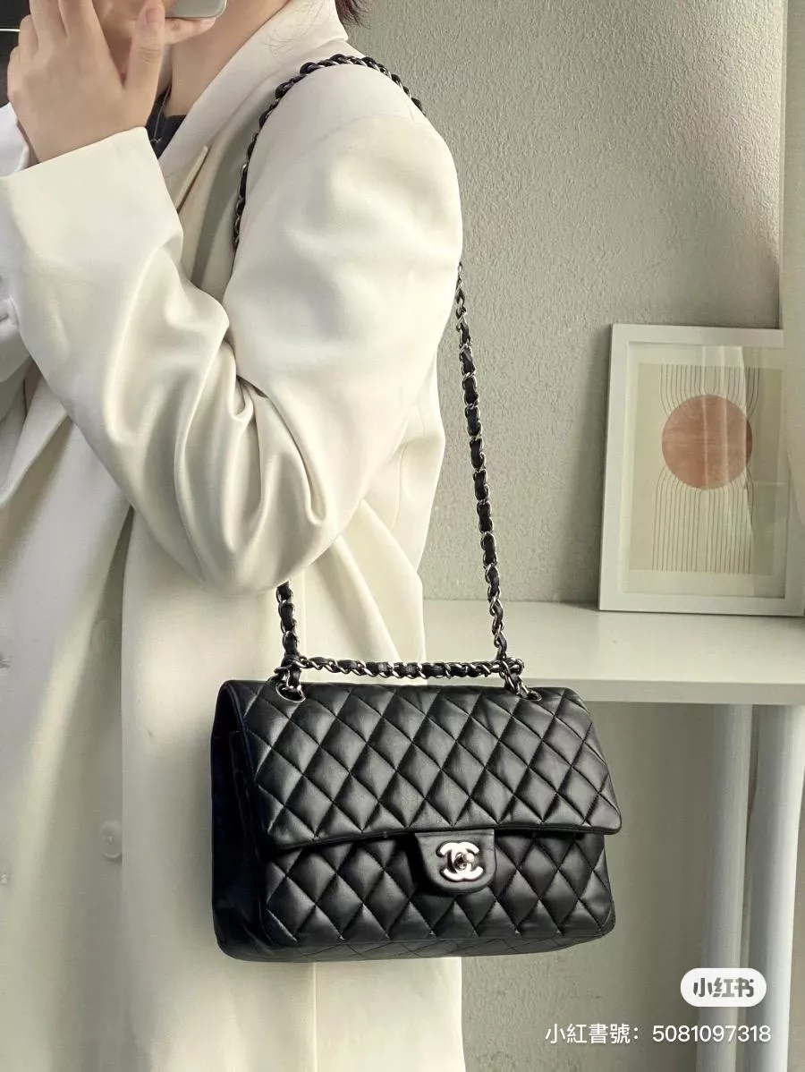 CHANEL Classic Flip CF 大號黑色/羊皮/銀釦 25cm