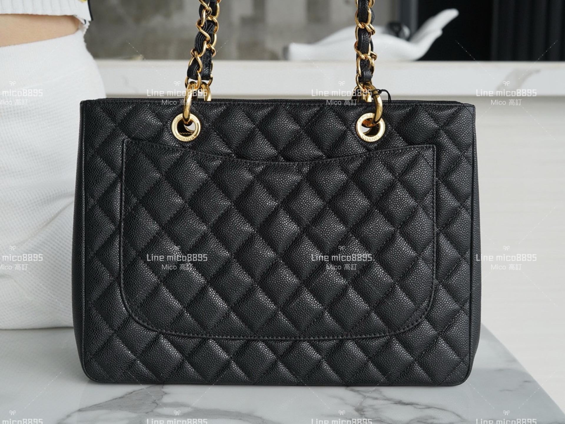 CHANEL中古款 荔枝皮革GTS 黑色購物袋 33cm