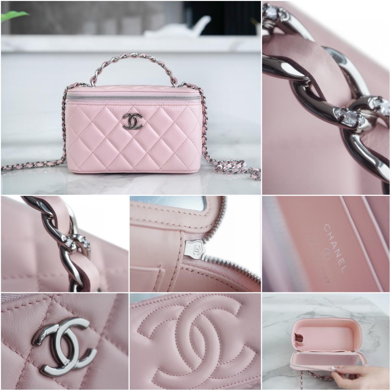 CHANEL 櫻花粉色/牛皮 水鑽手柄盒子包 17cm