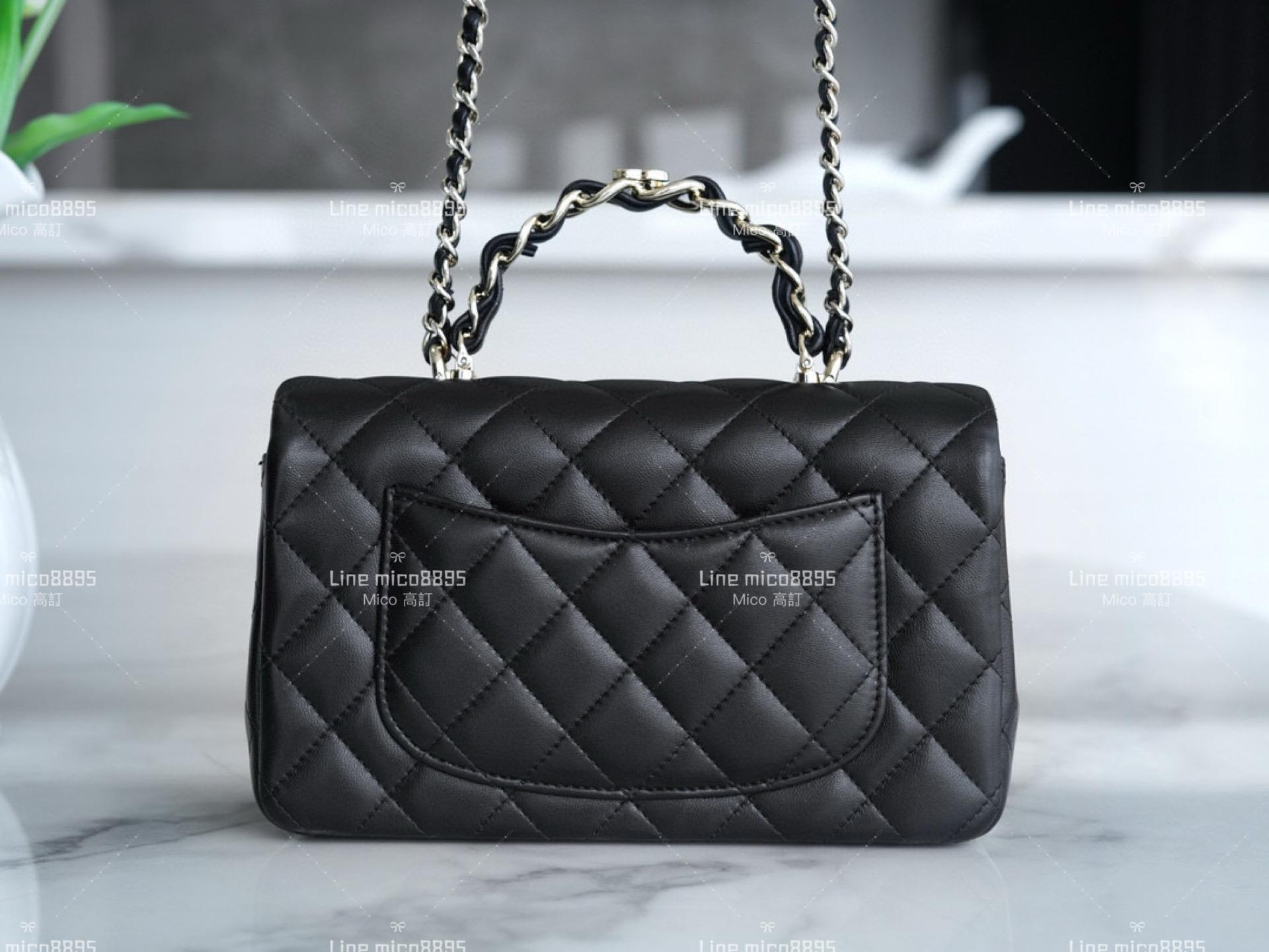 CHANEL 雙C金屬穿皮手柄Handle bag 淡金釦/小羊皮 20cm