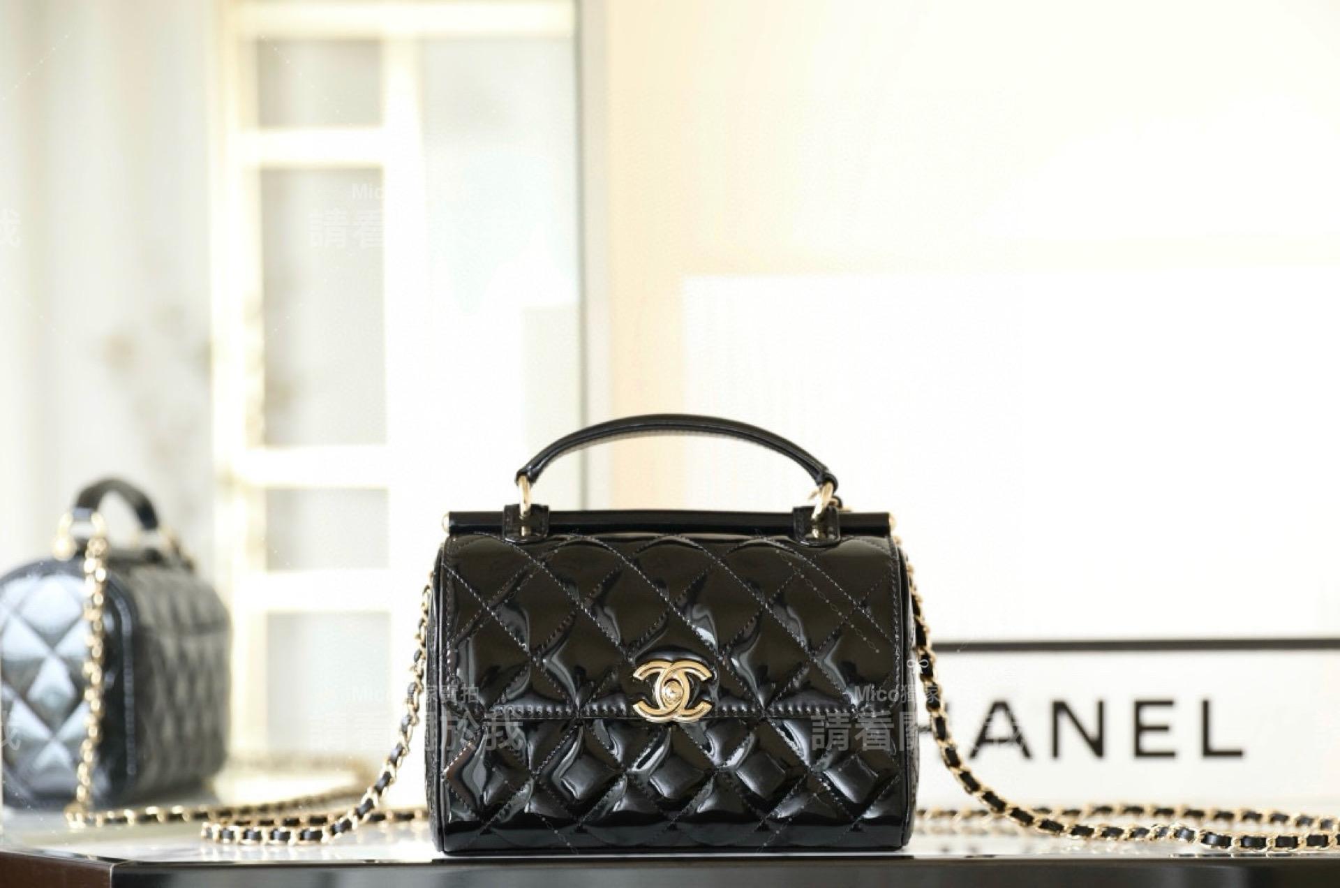 CHanel 23k秋冬款 黑色漆皮盒子包 ♥手提包 小羊皮 18cm